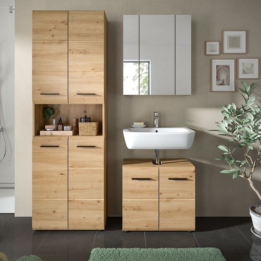 Lomadox Badmöbel-Set IGGESUND-158, (Spar-Set, 3-St., Hochschrank Spiegelschrank Waschbeckenunterschrank), in Eiche
