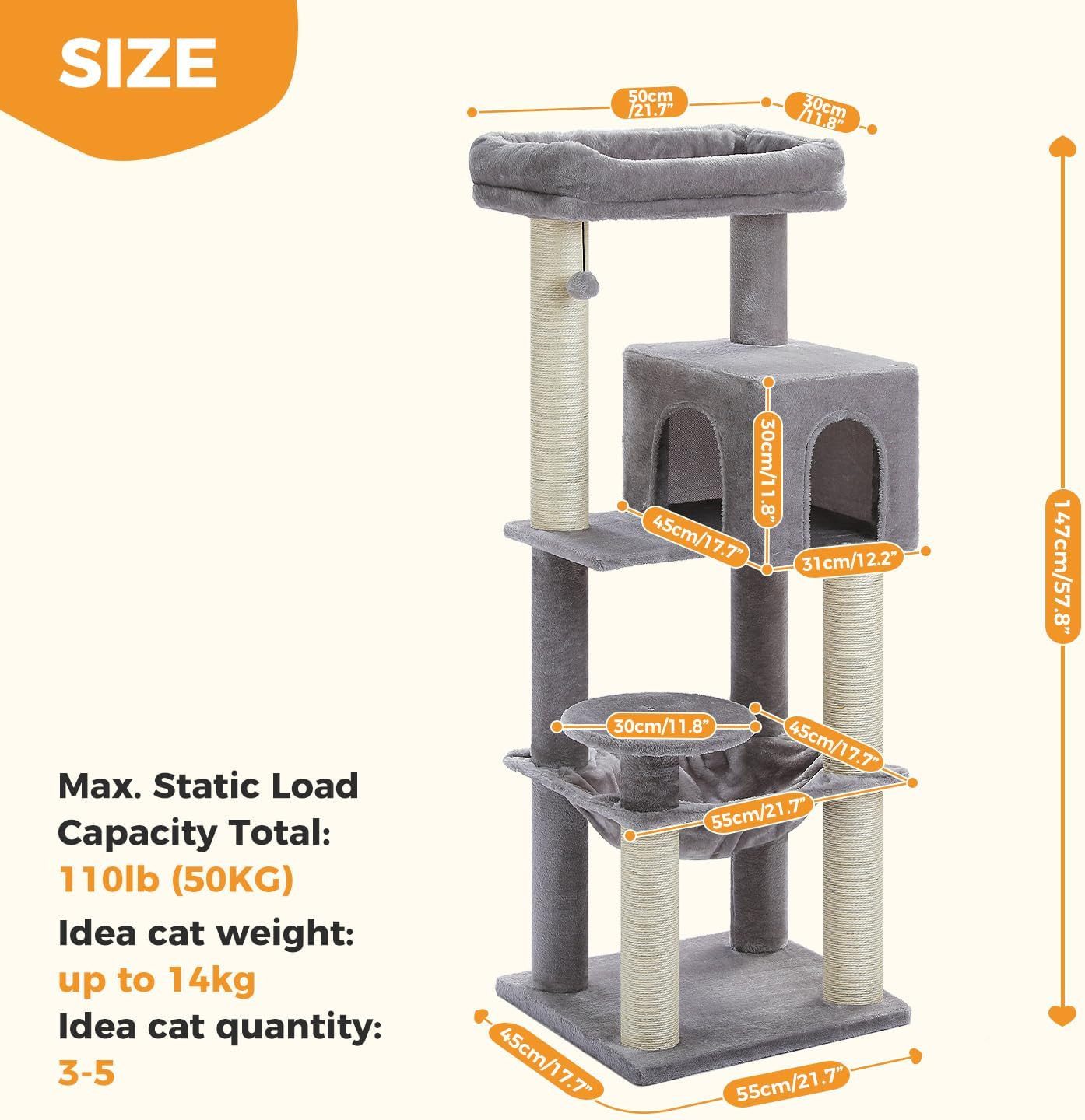 Purpurra Kratzbaum Extradick 8 cm Stamm, robuster Katzenturm, 147 cm, 55L x 45B x 147H cm