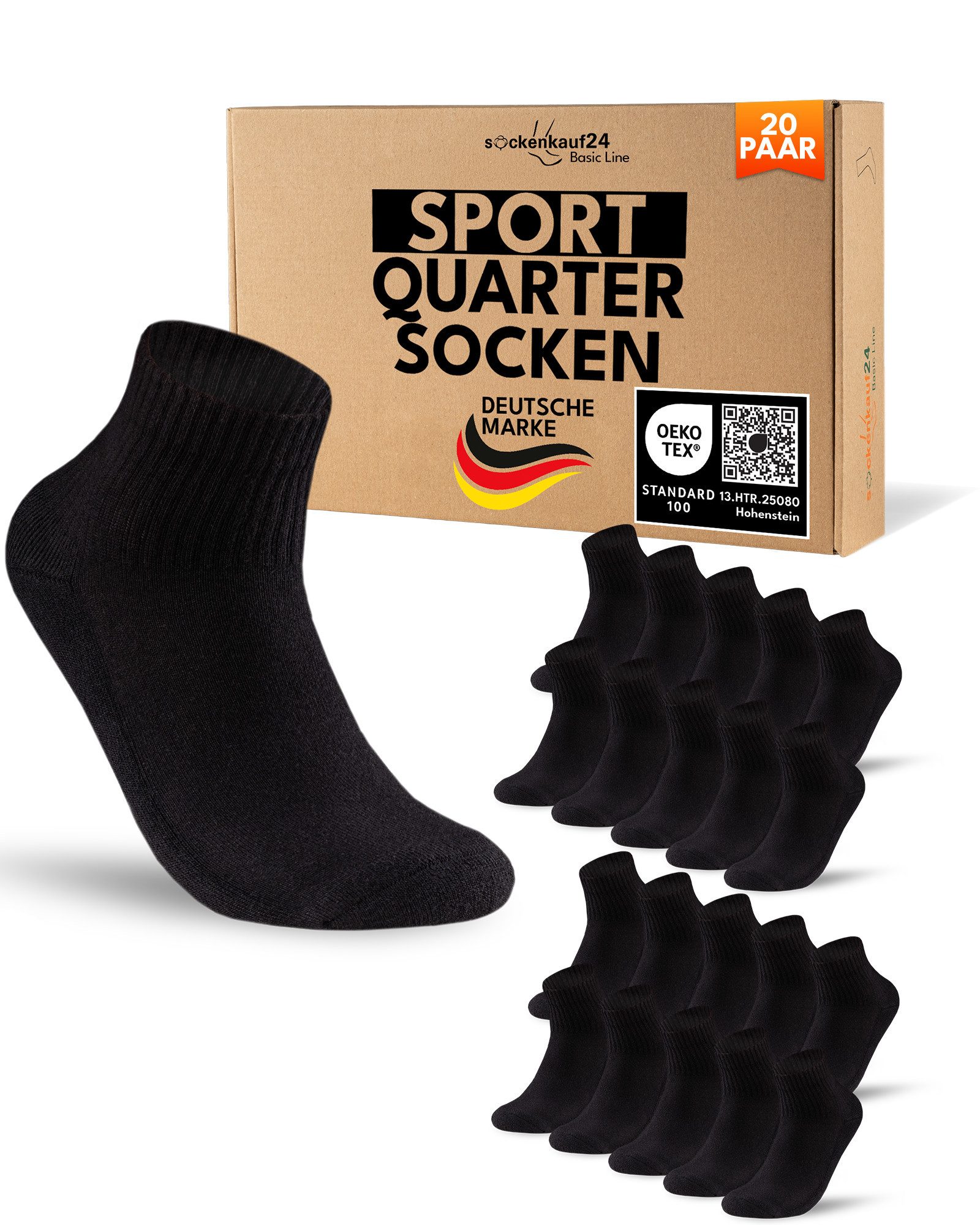 sockenkauf24 Sportsocken 10 Paar kurze Tennissocken Quarter Sportsocken Herren Damen Baumwolle (20-Paar) verstärkte Ferse & Fußspitze, gepolsterte Sohle, Atmungsaktiv