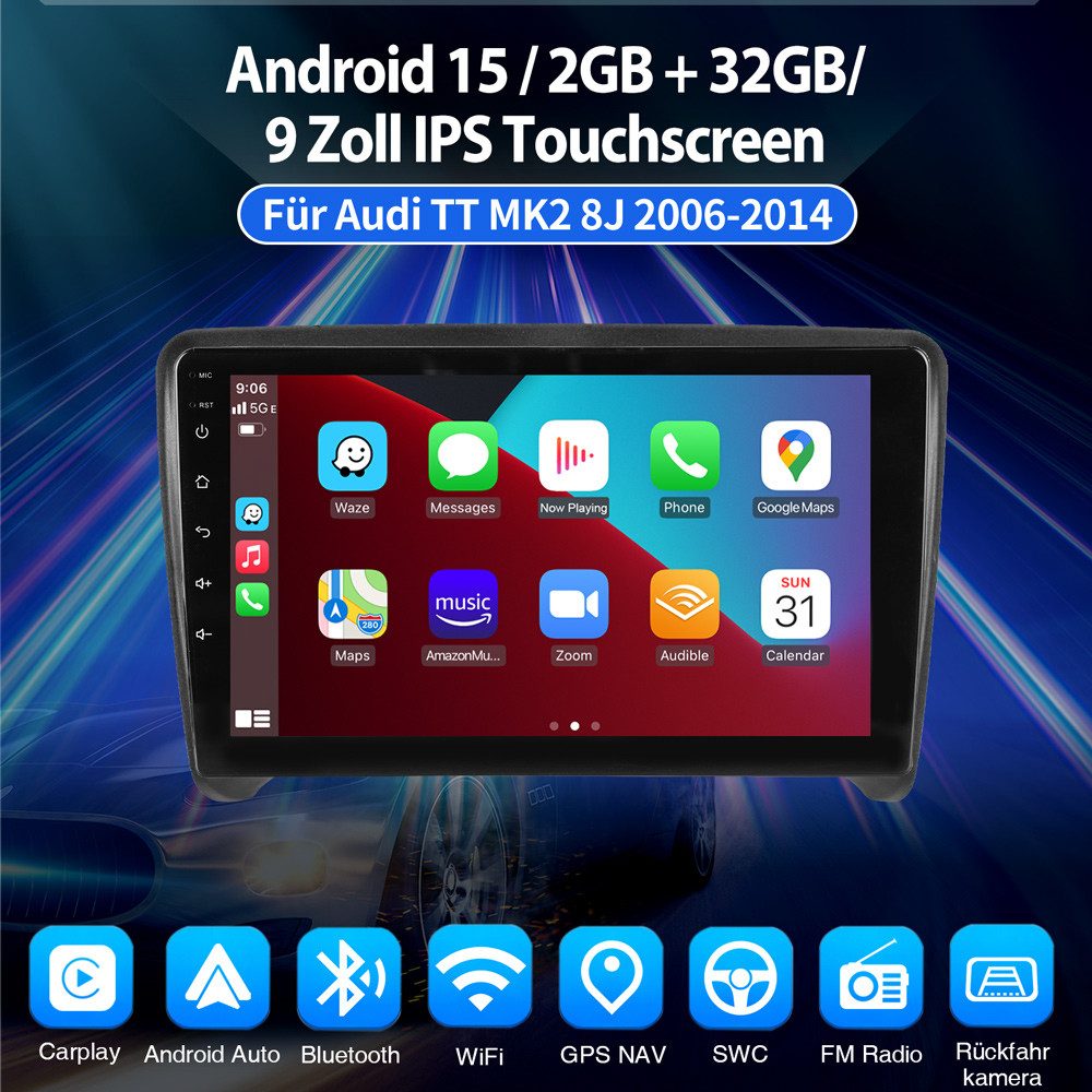 ESSGOO Für Audi TT 8J 2006-2014 Android 15 GPS Navi FM AM Autoradio (RDS, Digitalradio (DAB), FM, AM, 2 DIN Carplay Bluetooth Navigationsgeräte Rückfahrkamera (optional)