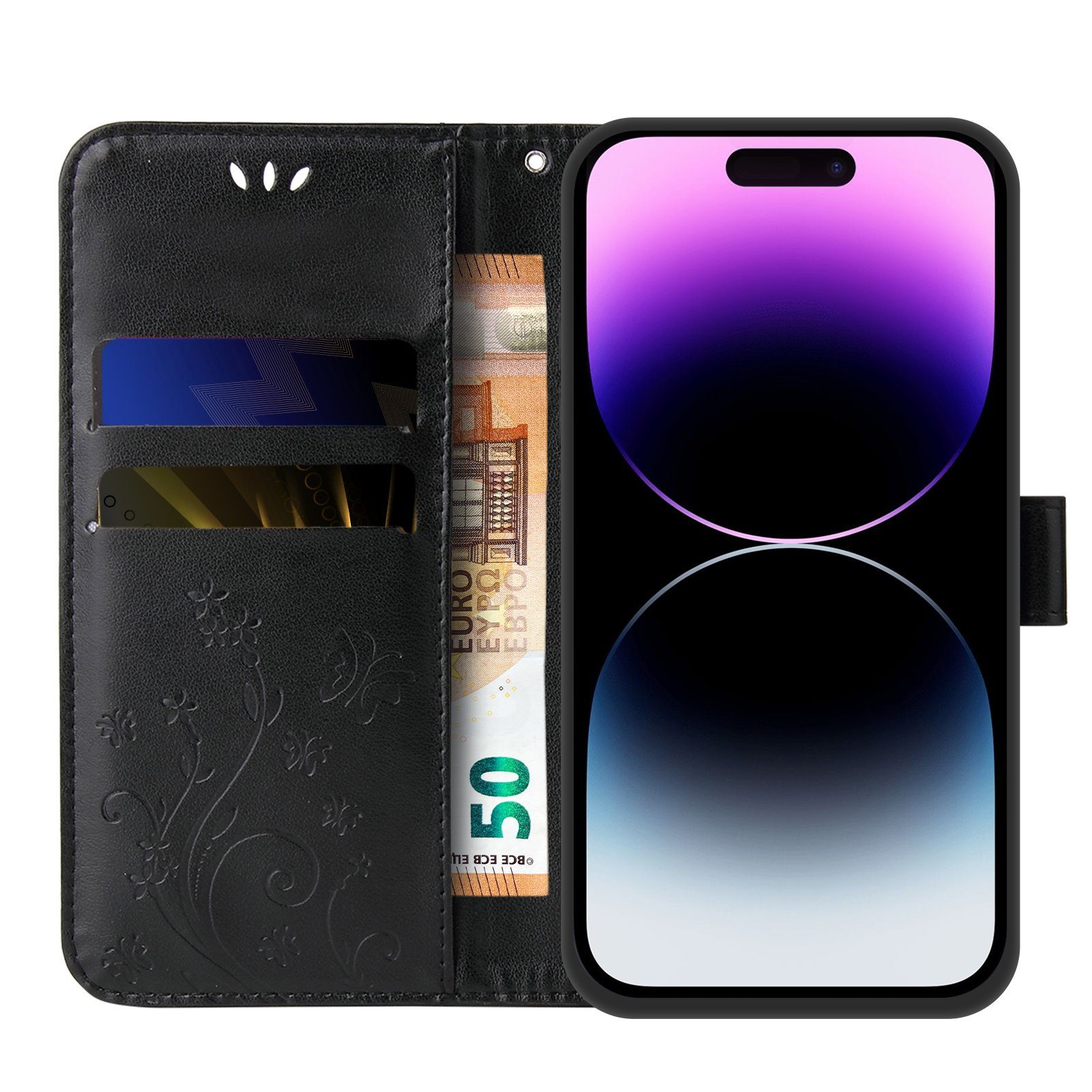 Tec-Expert Handyhülle Cover Tasche Hülle für Apple iPhone 14 Pro 6,1 Zoll, Klapphülle Case mit Kartenfach Fliphülle aufstellbar, Motiv Blumen