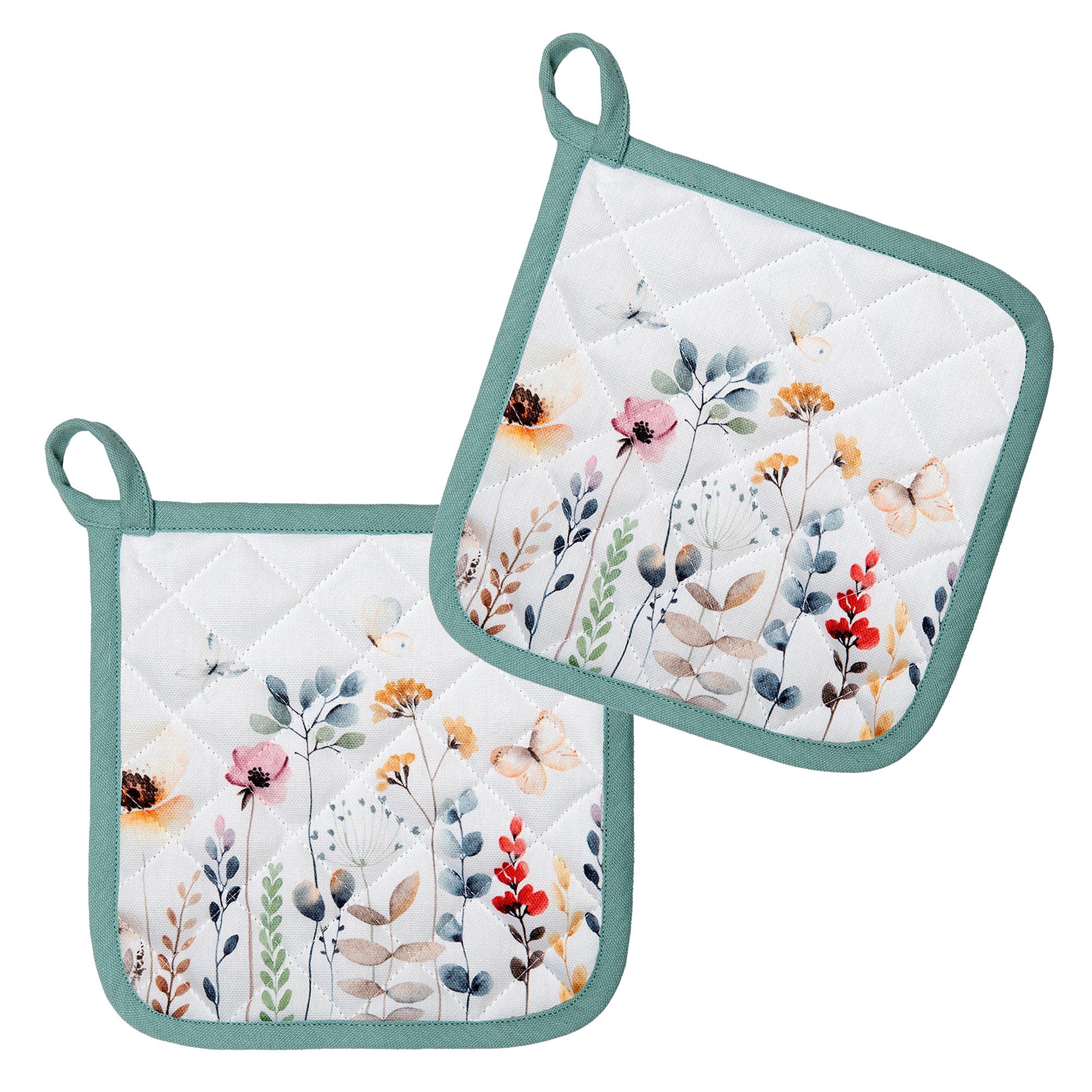 Clayre & Eef Topflappen Flowerbomb, (Set, 2-tlg., 2-teilig), hitzebeständig wattiert Pfannen Untersetzer ca.20x20cm