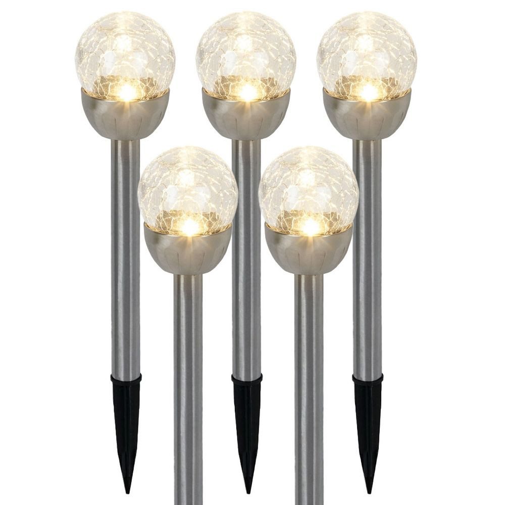 Expo Börse LED Solarleuchte, LED-Leuchtmittel fest verbaut, Warmweiß, 5x LED Solarsteckleuchte Edelstahl Glas silber Warmweiß IP44 H 24,5 cm