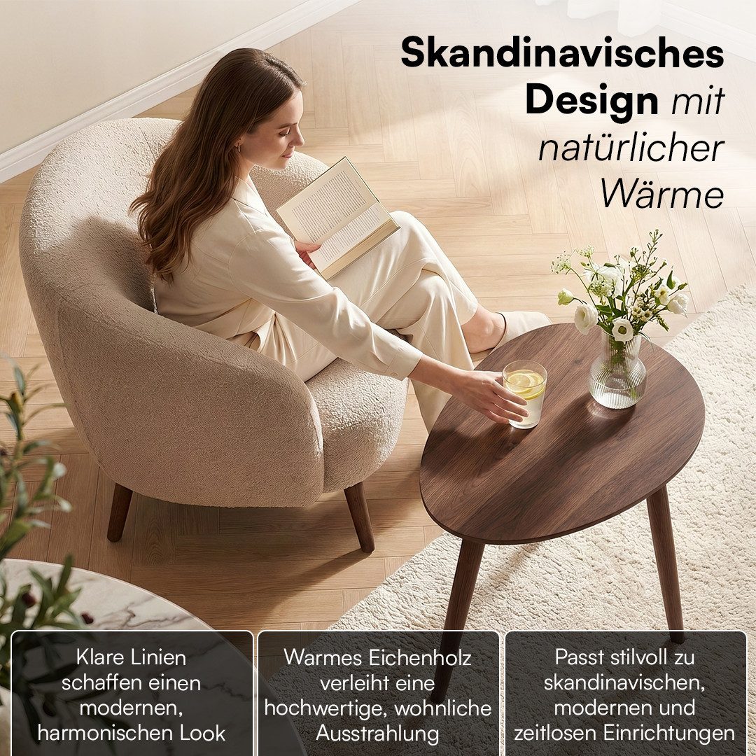 skølm Couchtisch Lodur aus Eiche Massivholz, Holztisch mit 3 Tischbeinen für Wohnzimmer, Wohnzimmertisch 70x38x50 cm, ovale Tischplatte