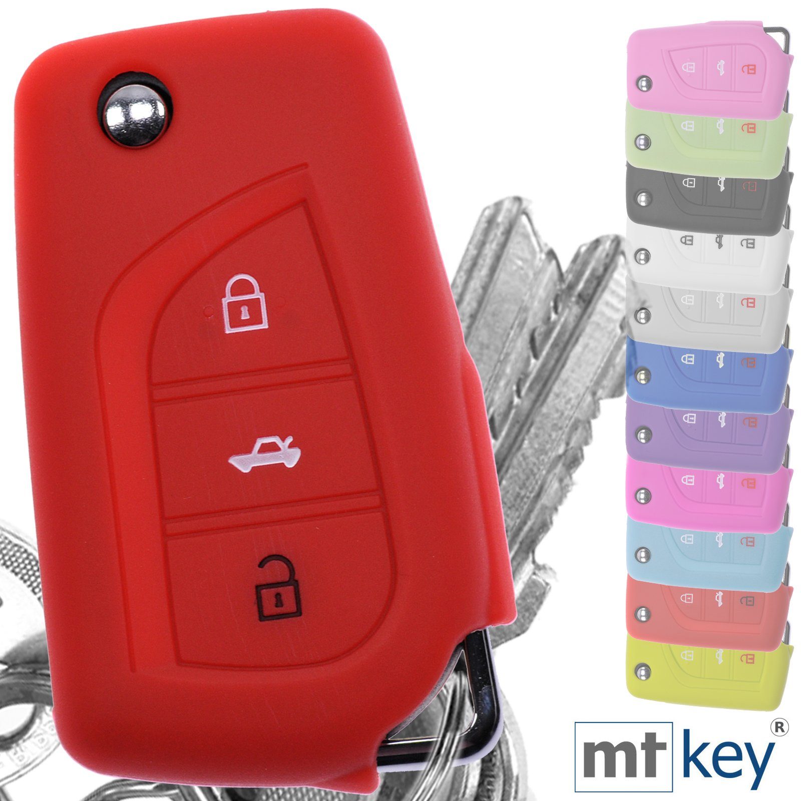 mt-key Schlüsseltasche Autoschlüssel AURIS Rot, für Klappschlüssel 3 Softcase Silikon Schutzhülle Corolla Avensis Tasten Toyota