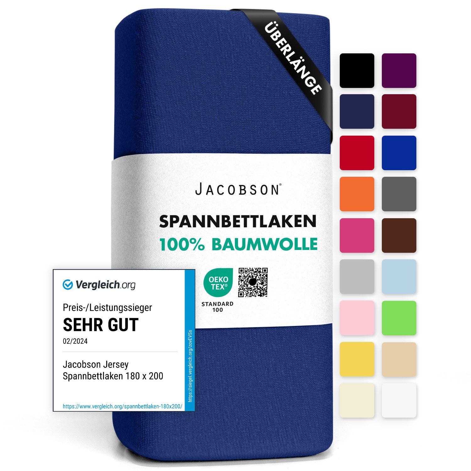 Jacobson Spannbettlaken BOXSPRING & ÜBERLÄNGE aus 100% Baumwolle, für hohe & lange Matratzen, Jersey Bettlaken 160 g/m²