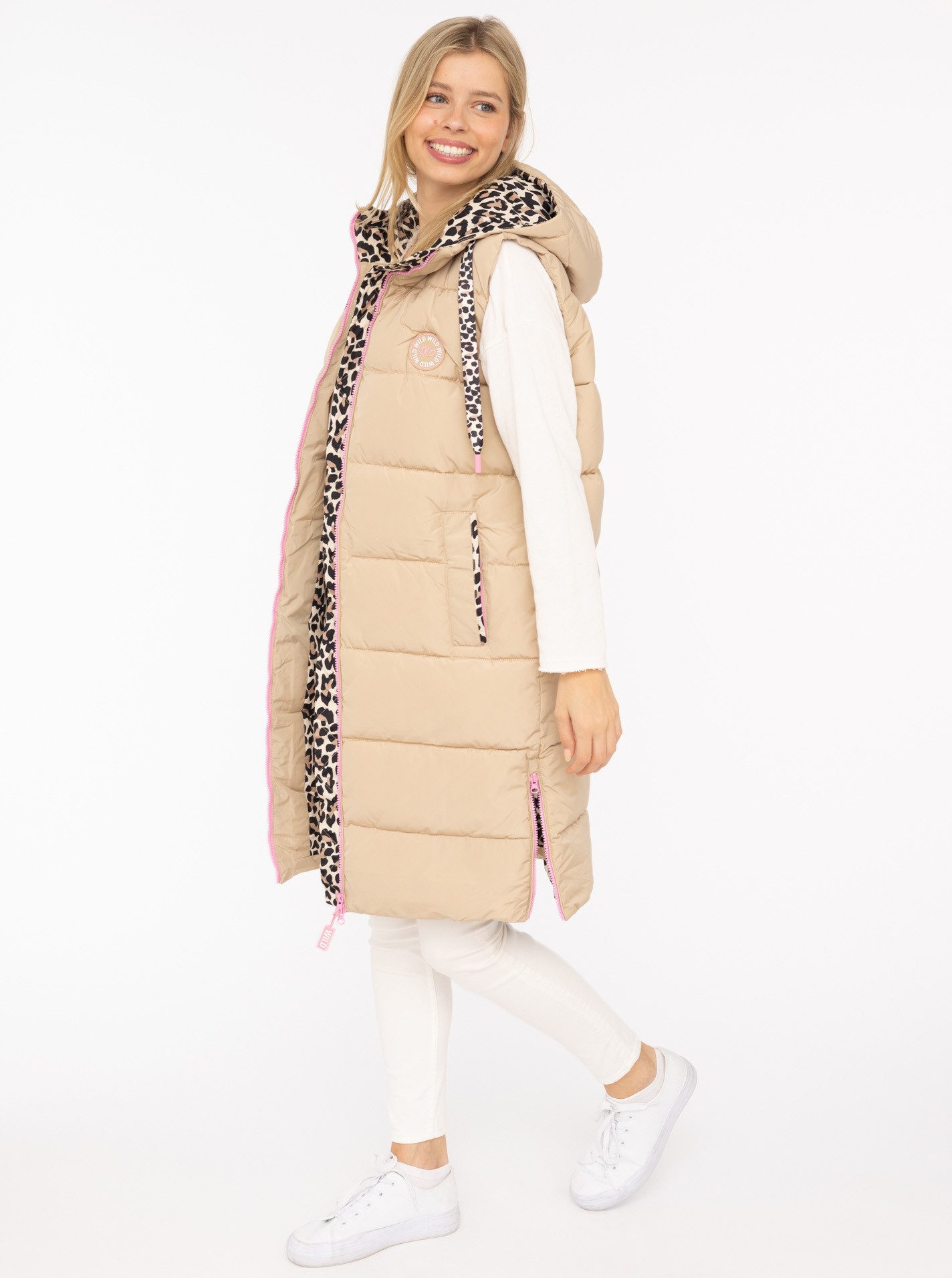 Zwillingsherz Steppweste "Wild Hearts" Leo-Muster, Taschen seitlich, modisch, Doppel-Zipper, extra lang