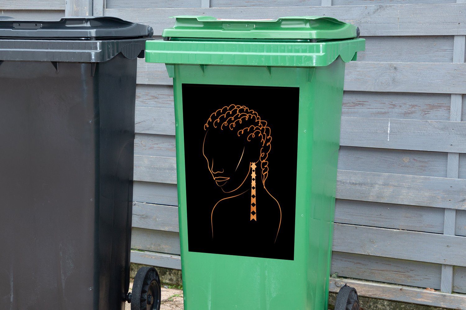 Mülltonne, - Mülleimer-aufkleber, Sticker, Abfalbehälter Container, - Gold Strichzeichnung MuchoWow Ohrring (1 Wandsticker - St), Frau