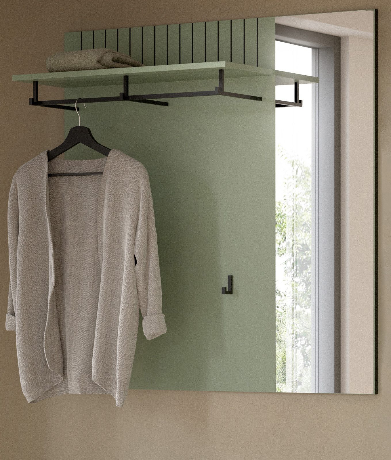 Inn.Furn Garderobenpaneel Loreno (Wandgarderobe in Grün mit schwarzen Rillen, 106 x 106 cm), mit Spiegel