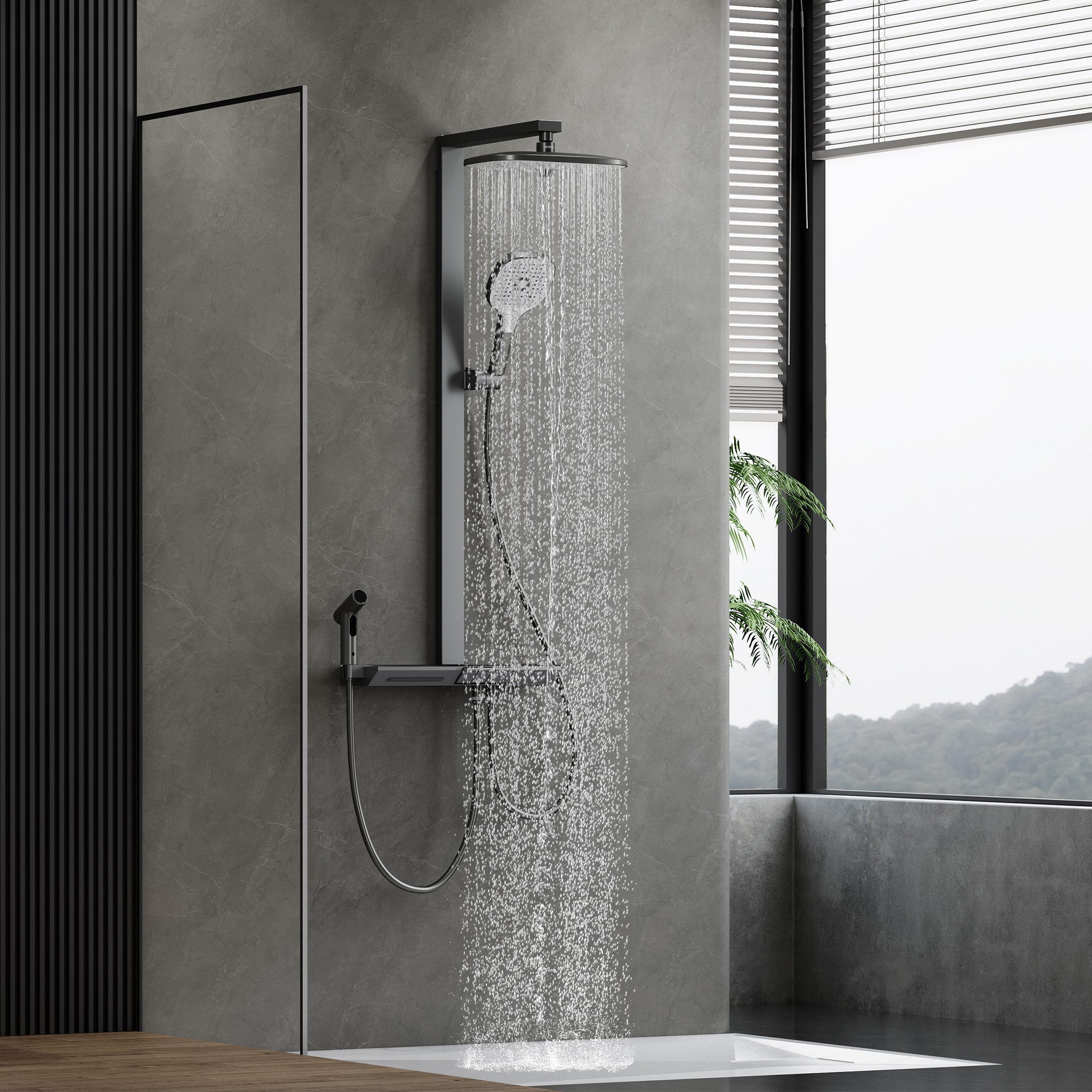 HOROW Duschsystem mit Thermostat Regendusche Duschset mit Ablage und Kopfbrause, 3 Strahlart(en), Regendusche Set, Hohenverstellbar, mit Spritzbrause, Piano-Tasten, Chrom/Felsgrau