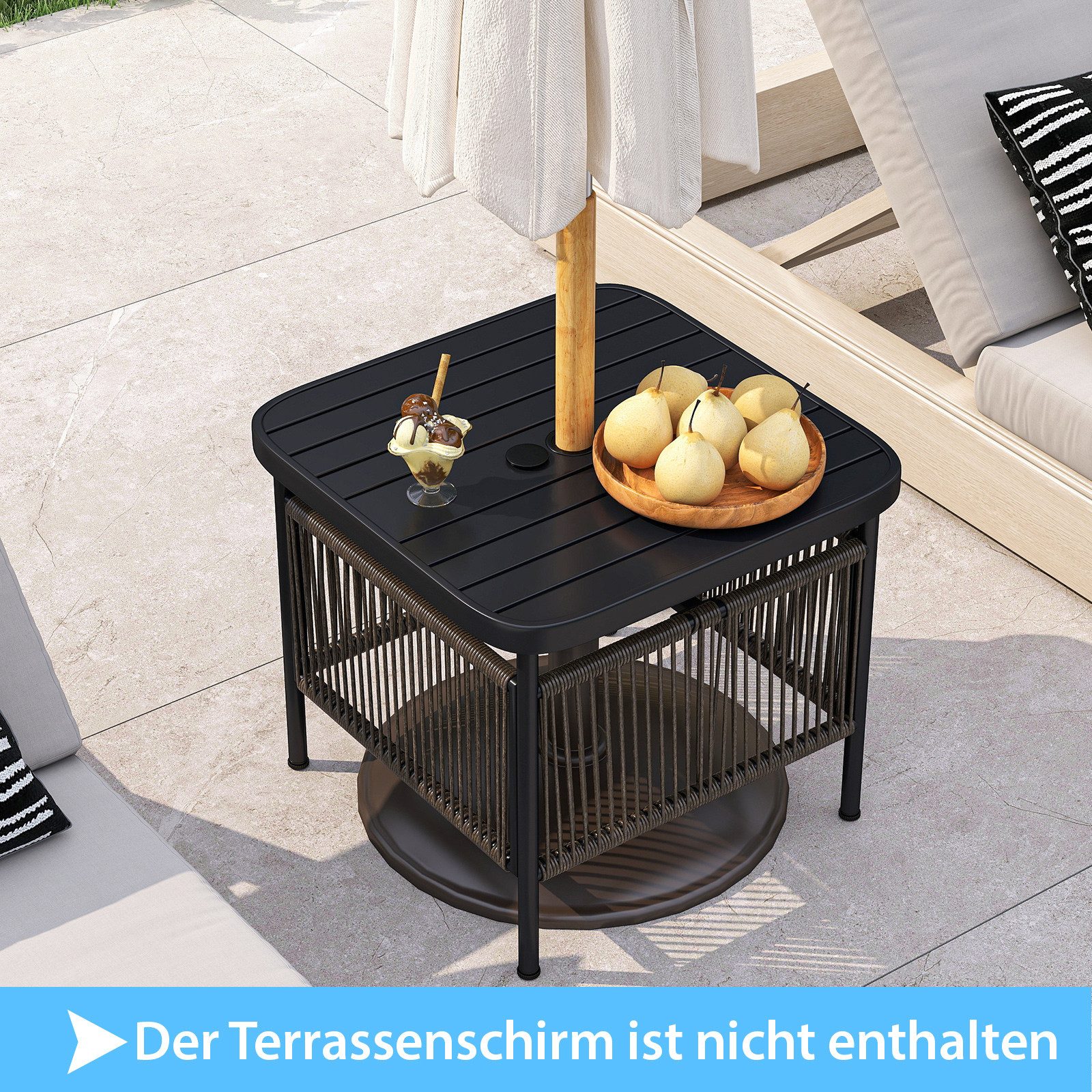 COSTWAY Gartentisch, Beistelltisch Rattan mit Schirmloch, 56x56x49 cm