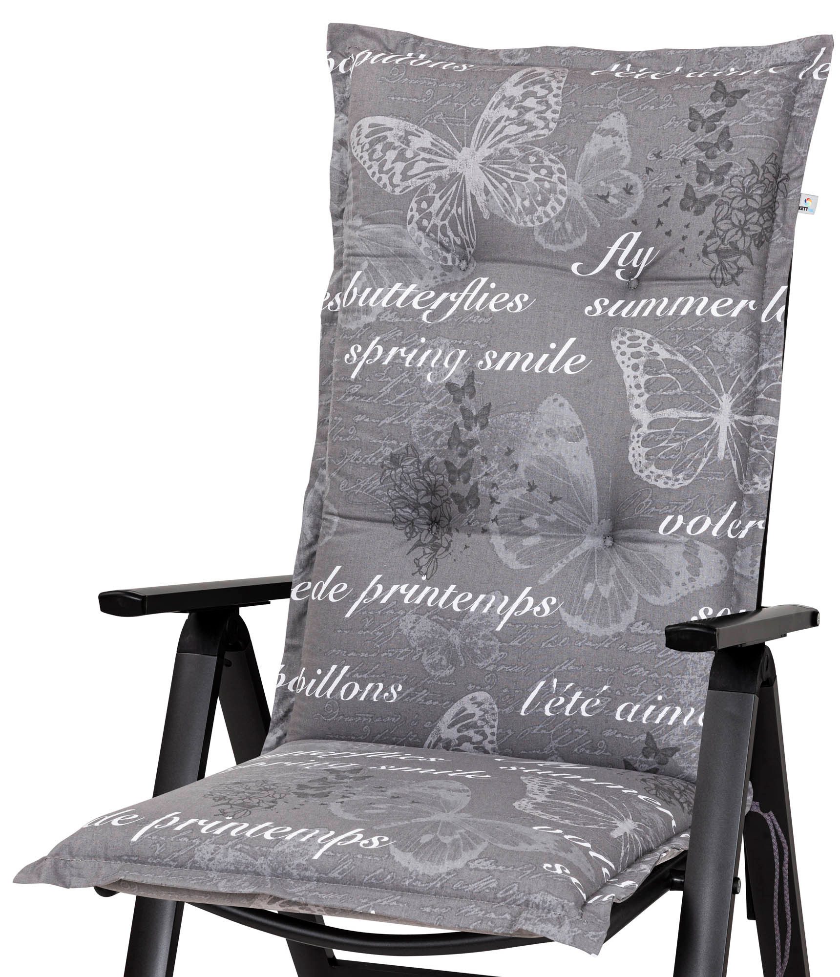 KETTtex Hochlehnerauflage Hochlehner Bali 2385 grau Schmetterlinge 120x49x8 cm KETTtex, (1 St), Halteband verstellbar mit Bindebändern