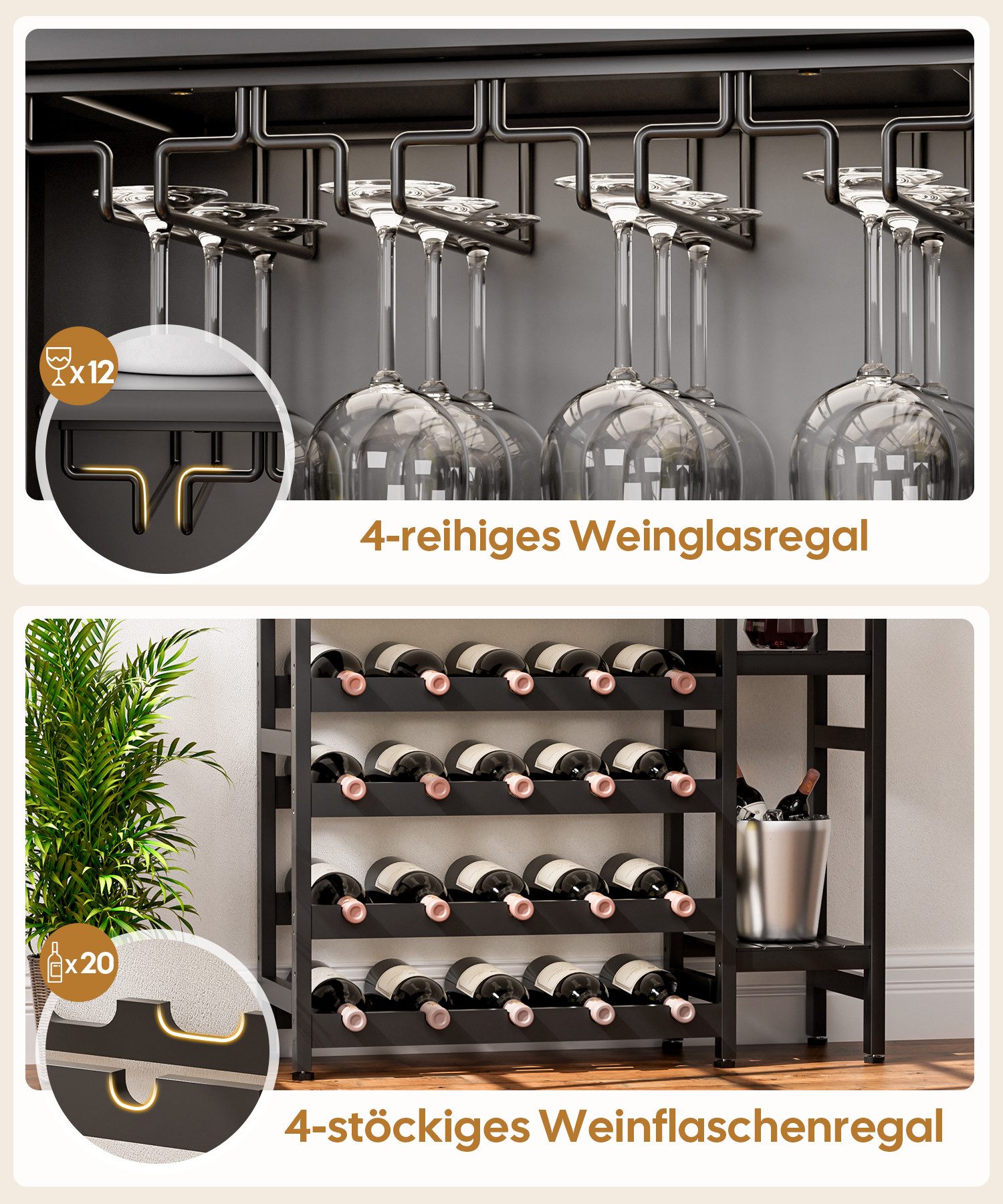 Yorbay Weinregal Freistehender Bodenständer in Schwarz mit Glastüren 4-Etagen, Weinflaschen-Display mit Seitentablaren & Glasaufbewahrung – Bild 4 von 5