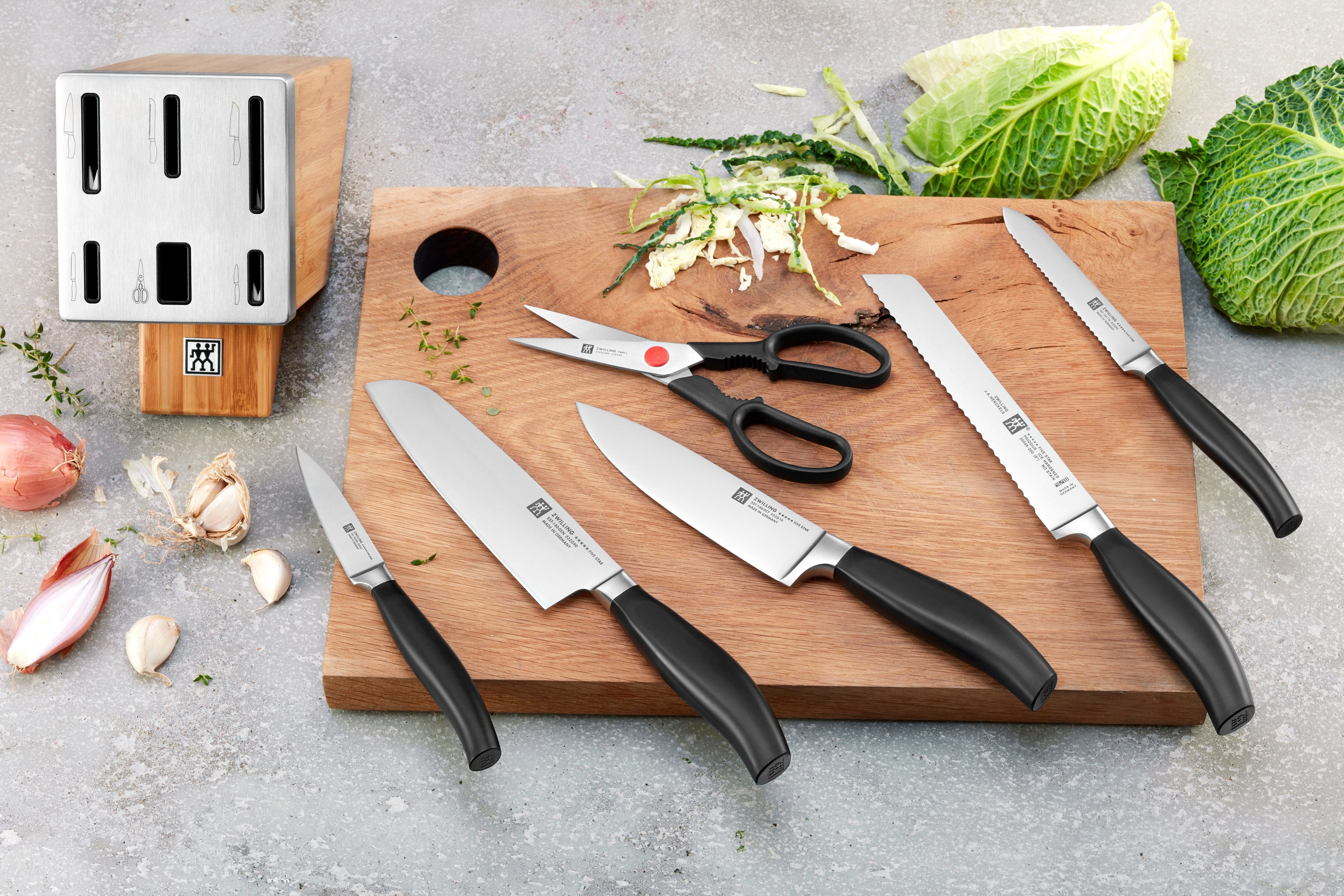 Zwilling Messerblock ***** FIVE STAR (7tlg), Selbstschärfender Messerblock, inkl. 5 Messer + Schere, Bambus