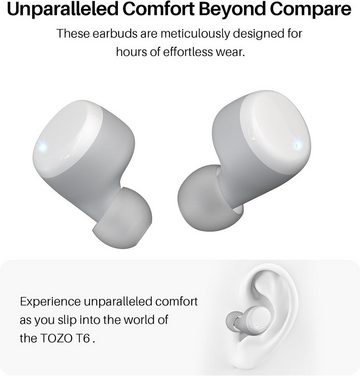 TOZO T6 Mini Bluetooth Kabellos 5,3, Ergonomisches 50 Stdn. Spielzeit In-Ear-Kopfhörer (Stabile Verbindung und kabellose Freiheit ohne lästige Kabel., mit drahrlosem Ladekoffer, APP EQ Anpassbar, IPX8 Wasserdicht Neu)