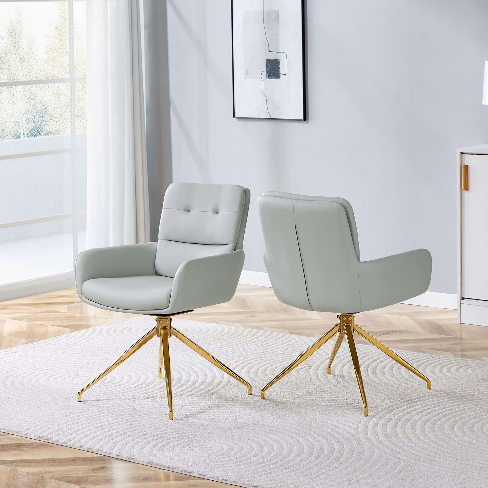 MC Star Drehstuhl [2 Stück Set] Europäischer leichter Luxus-Drehstuhl (Warmgraues PU + goldfarbene Metallbeine, 360° schalldrehend, 2-stückiges Set für Esszimmer / Entspannungsbereiche)