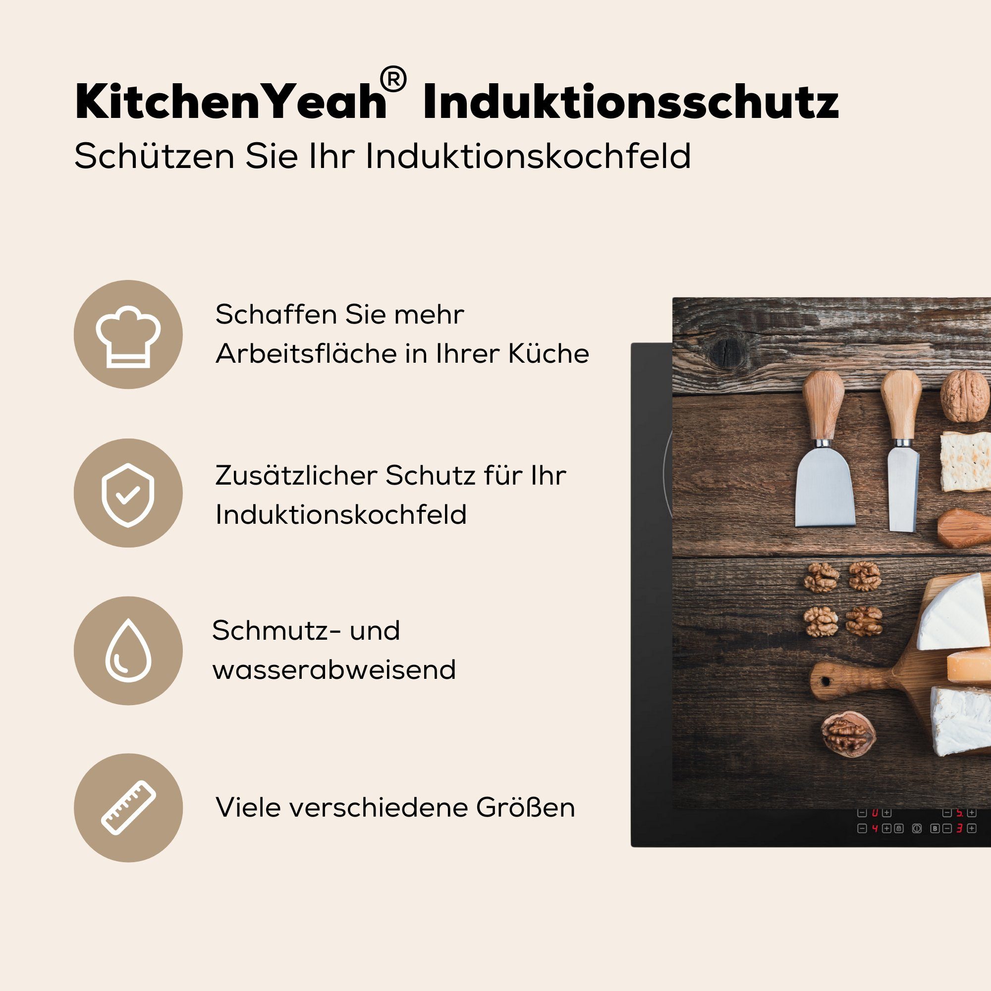 MuchoWow Herdblende-/Abdeckplatte Holztisch cm, (1 küche, Induktionskochfeld mit 81x52 tlg), Vinyl, Schutz für Ceranfeldabdeckung Käse, die