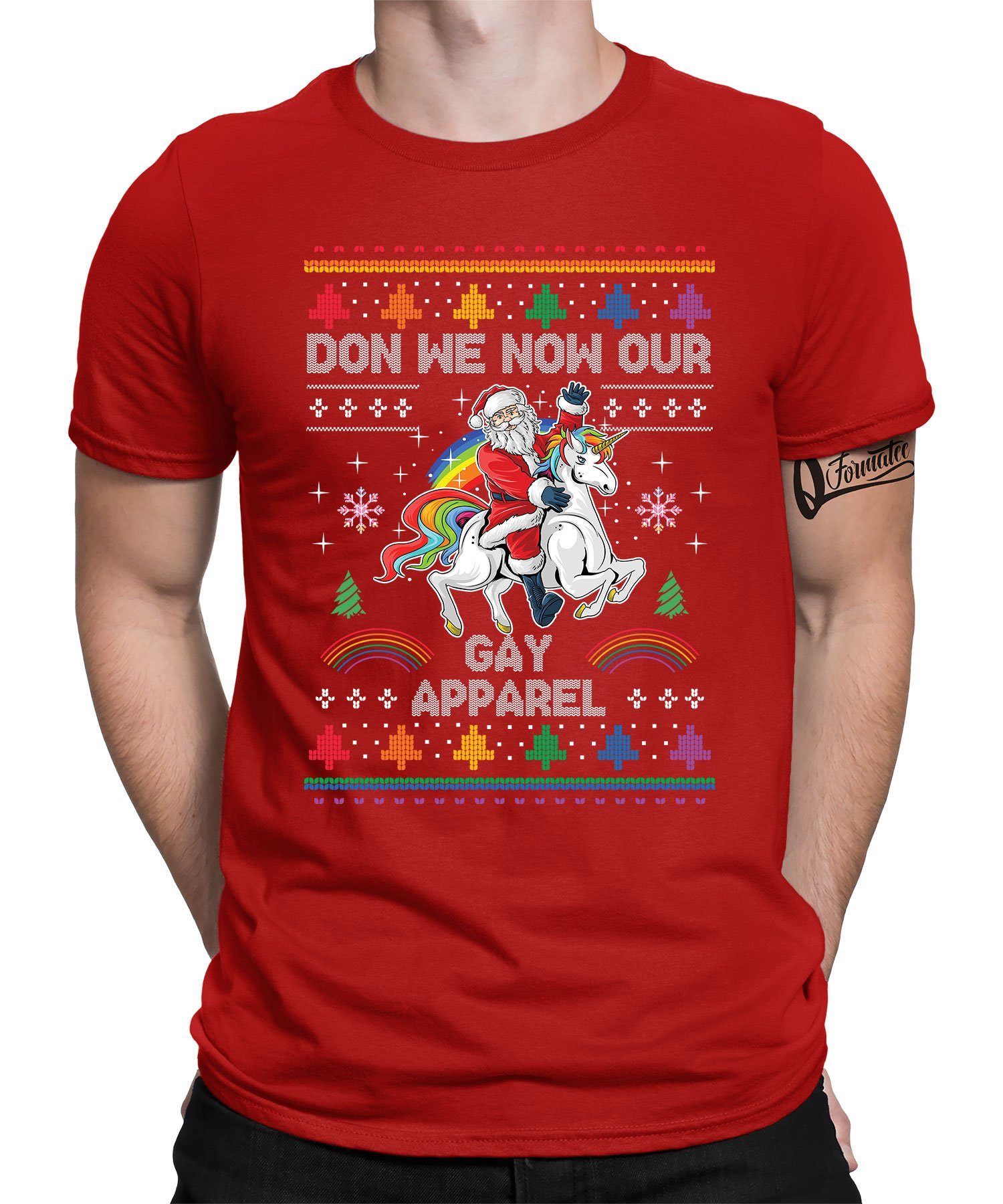 Formatee - X-mas Kurzarmshirt Rot Weihnachtsg Weihnachten Einhorn (1-tlg) Regenbogen Weihnachtsmann Quattro LGBT