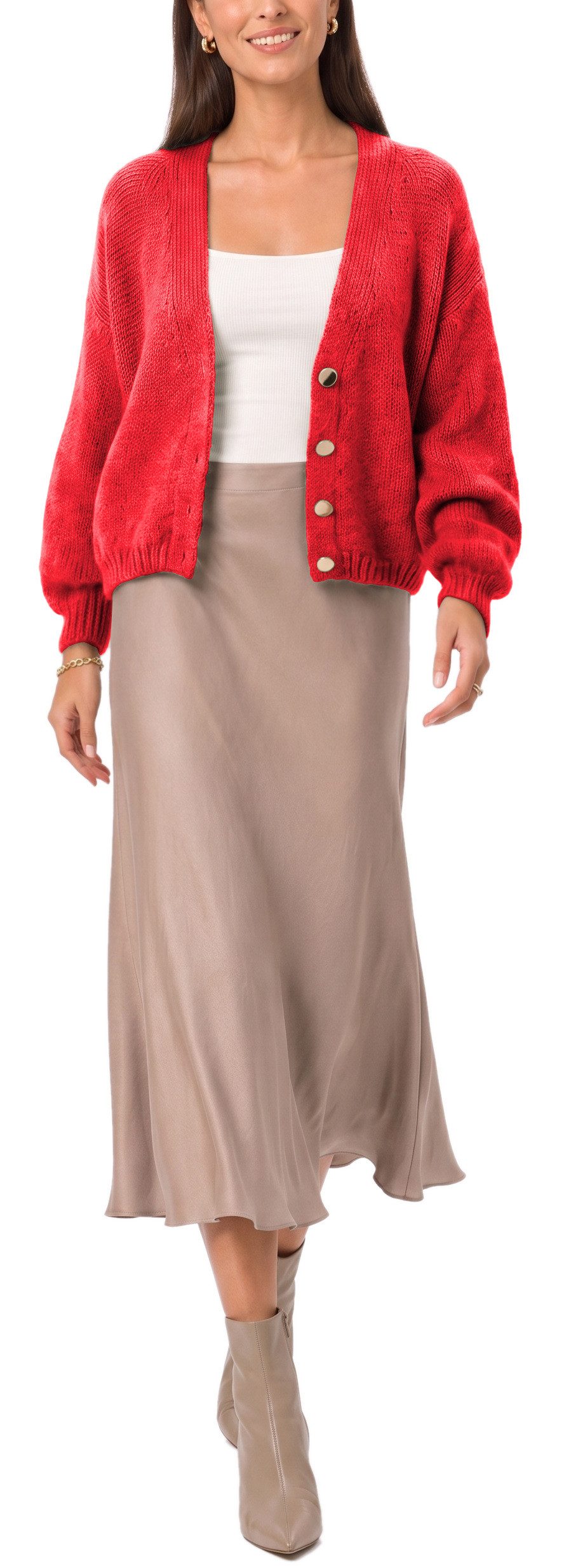 dy_mode Strickjacke Damen Cardigan Grobstrick Strickjacke V-Ausschnitt Übergangsjacke Grobstrick, in Unifarbe, V-Ausschnitt
