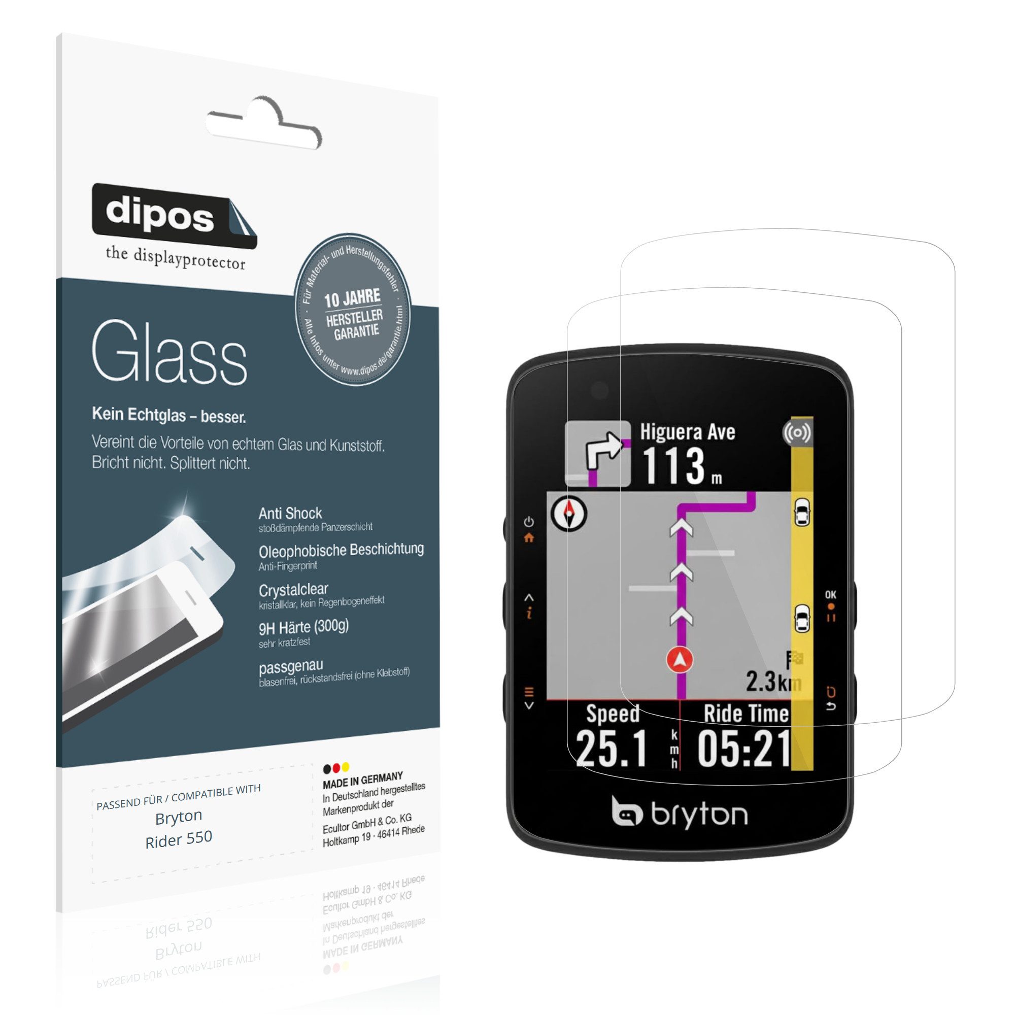 dipos Displayschutzfolie Schutzfolie für Bryton Rider 550, 2 Stück, Displayschutz Schutz Folie Made in Germany
