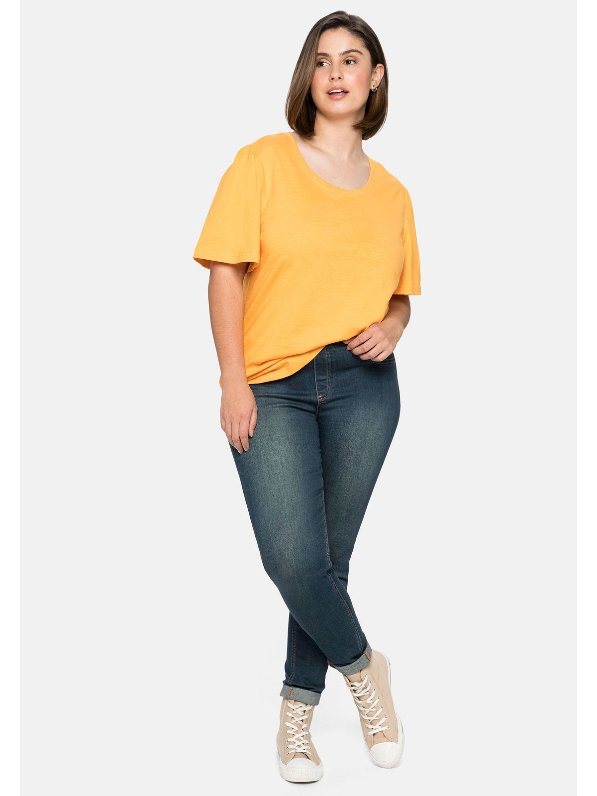 aus Flügelärmeln, Baumwolle Sheego mit Große apricot reiner Größen kurzen T-Shirt