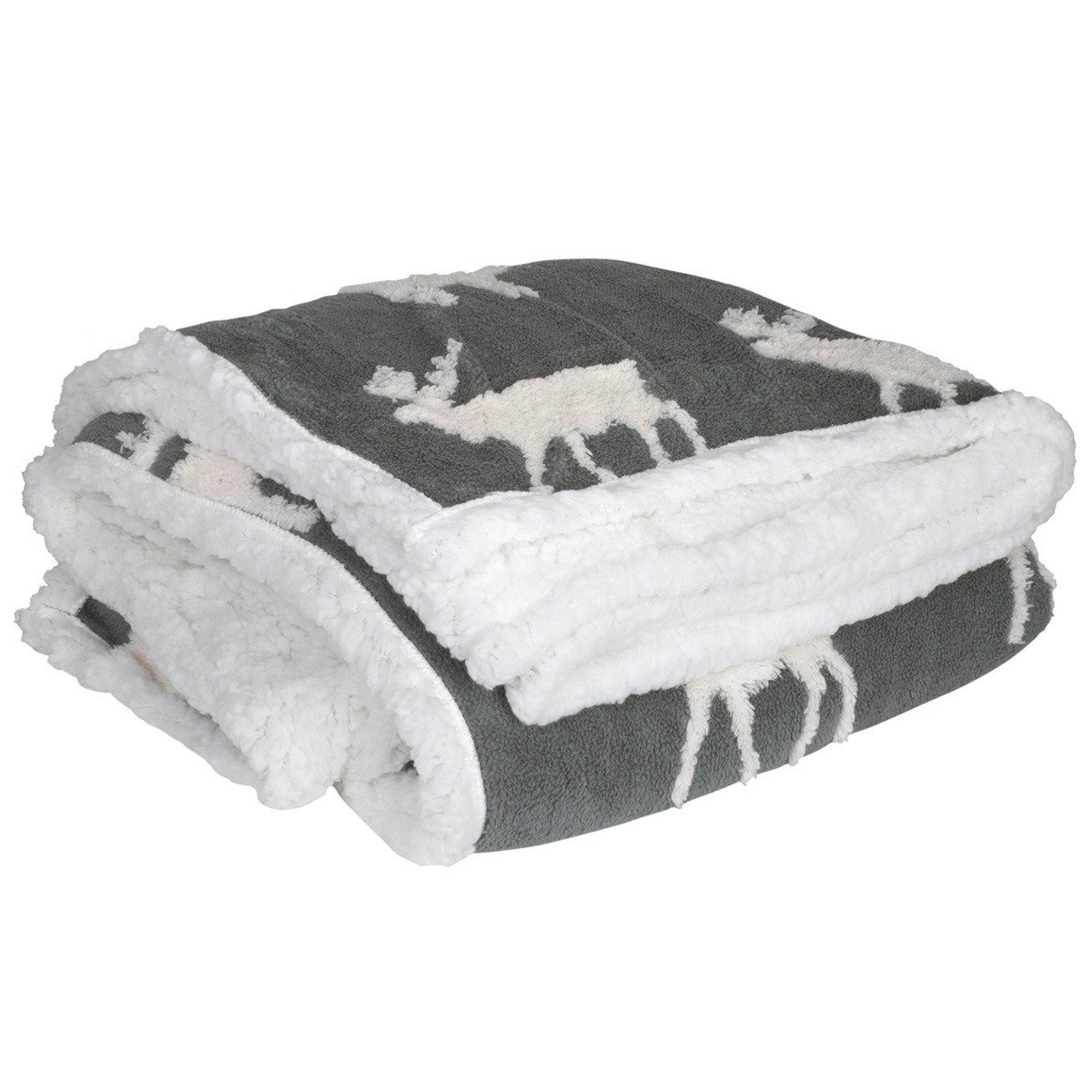 Wohndecke Wendedecke Hirschmotiv 150x200cm Waschbar 30°C Grau/Weiß 100% PES, foolonli, Kuscheldecke, Pflegeleicht