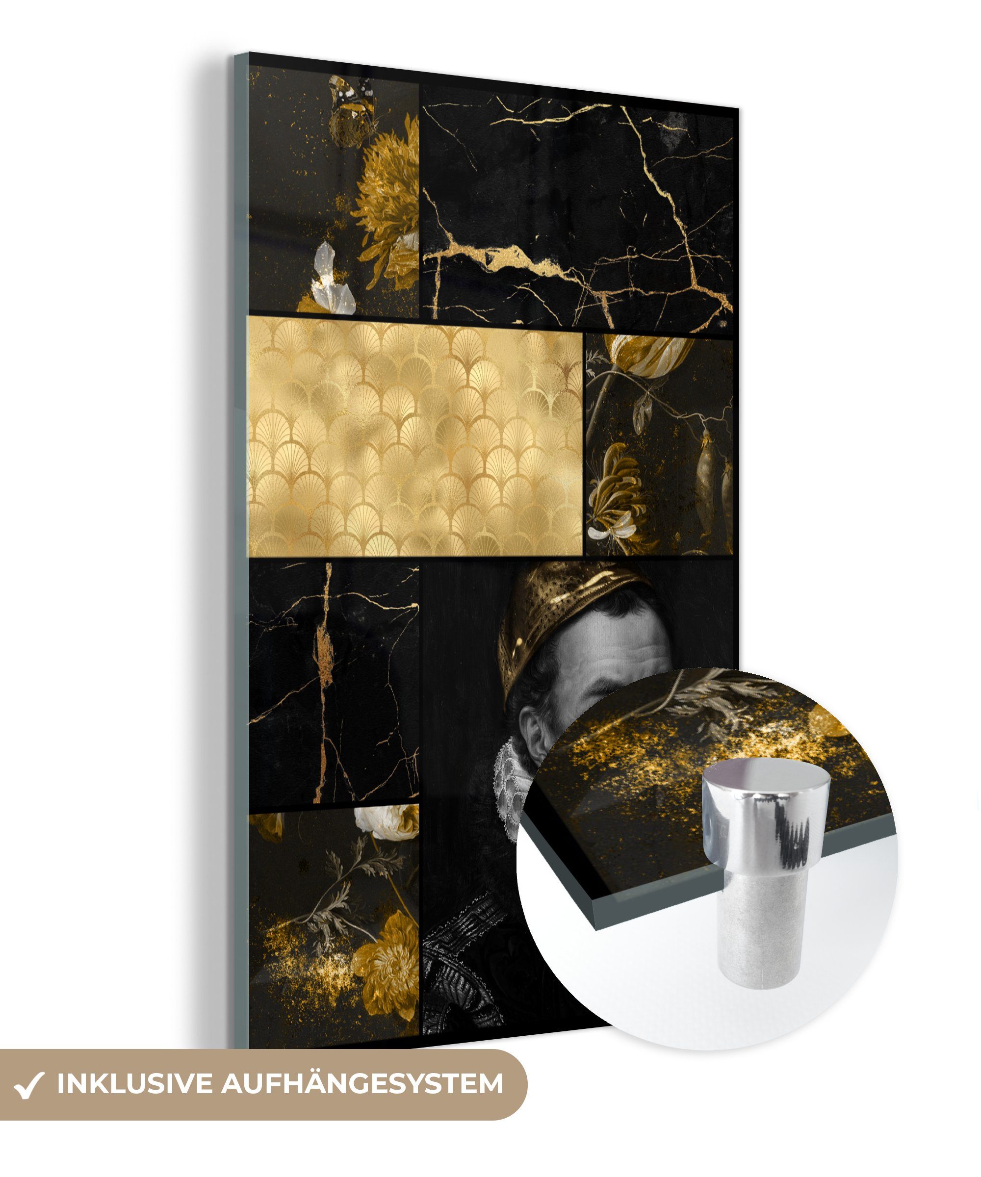 MuchoWow Acrylglasbild Collage - Blattgold - Marmor - Kunst, (1 St), Glasbilder - Bilder auf Glas Wandbild - Foto auf Glas - Wanddekoration