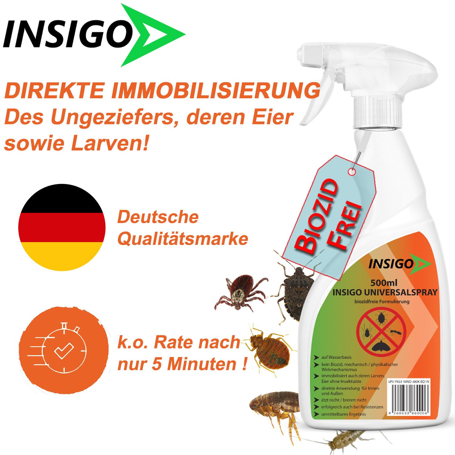 INSIGO Insektenspray Universalspray, Insektenspray, 0,5 l, biozidfreie Formel, auf Wasserbasis, geruchsarm, brennt / ätzt nicht