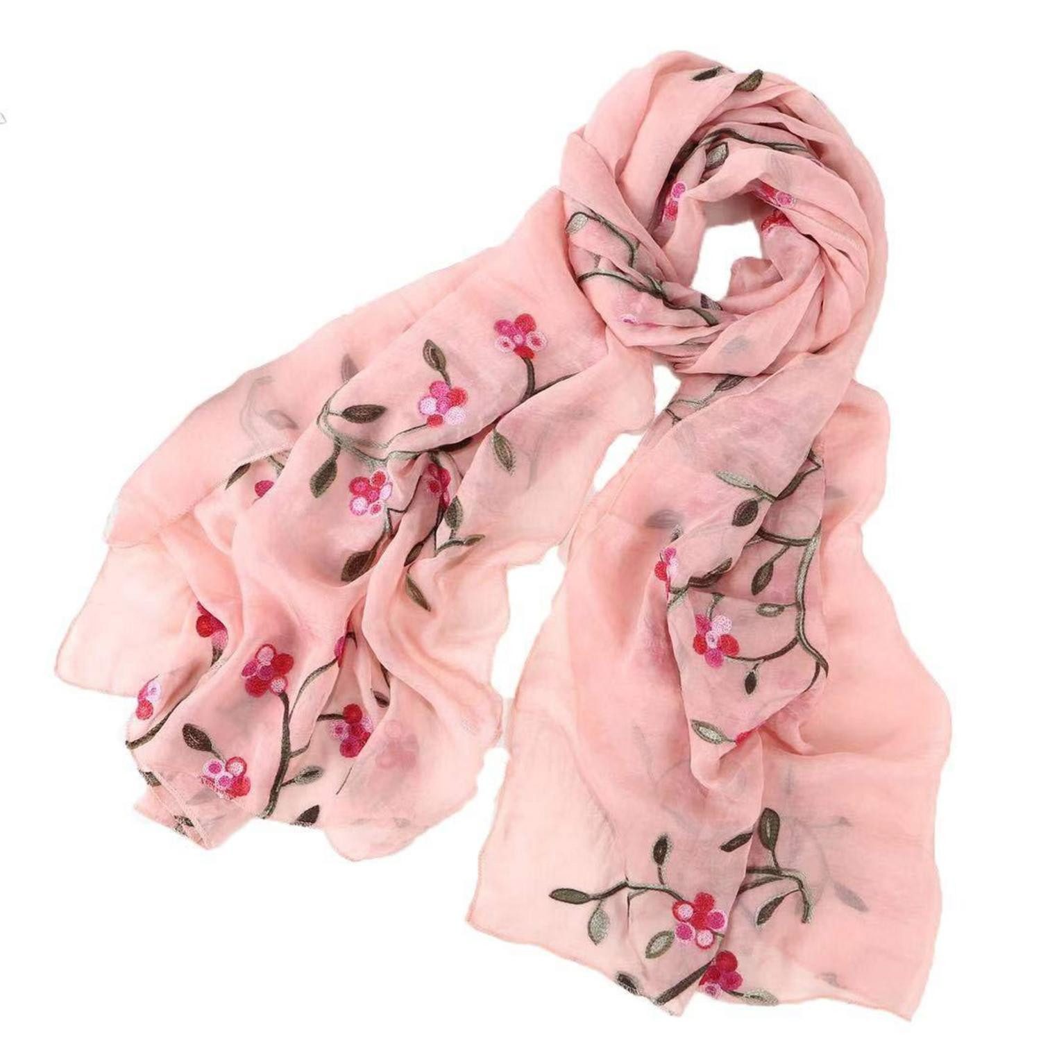 LuxusKollektion Seidenschal Schal Damen bestickt Blumen Seidenoptik Orange-rosa, (1-St)
