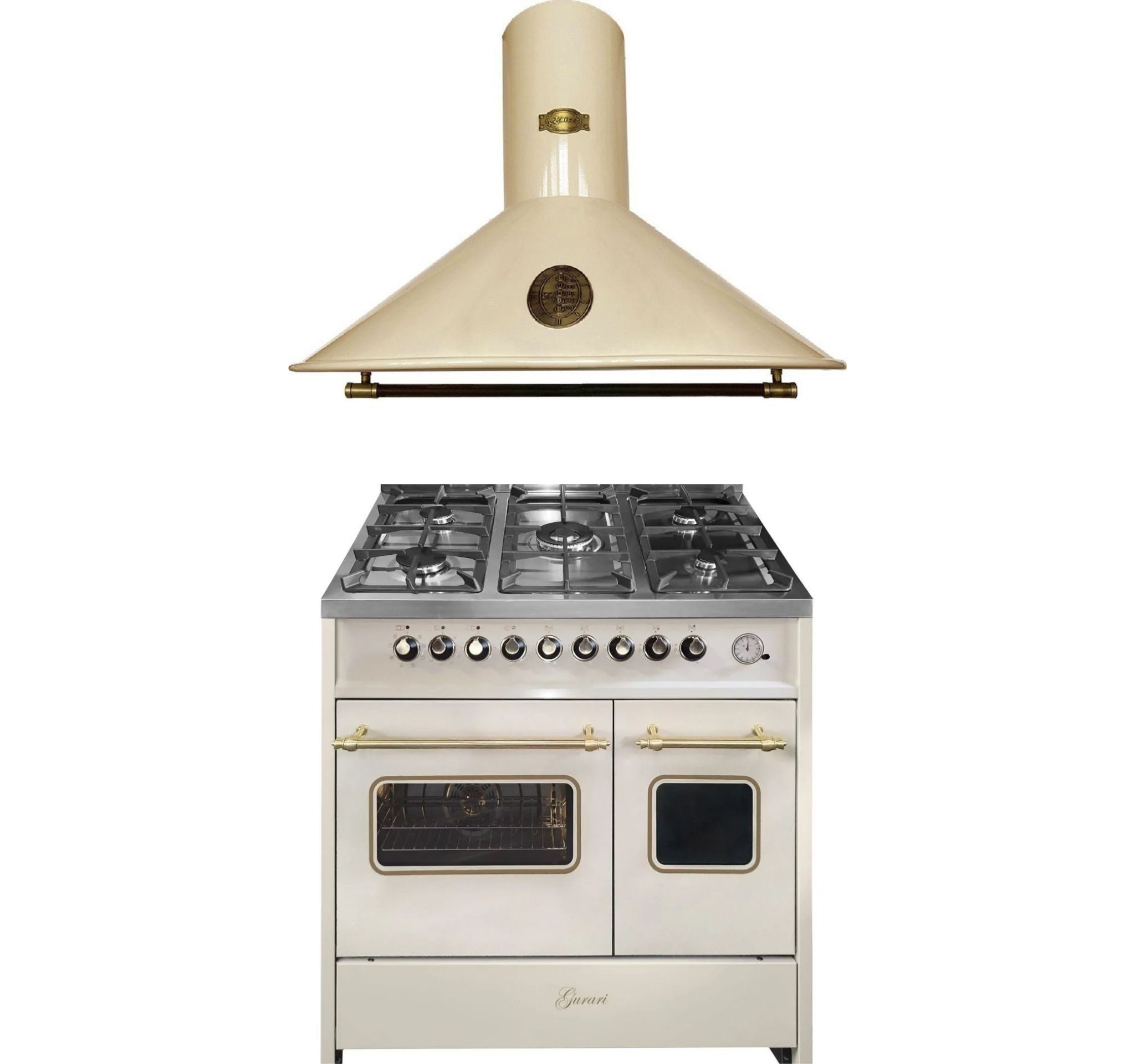 GURARI Gas-Standherd Retro-Design Creme Gas Elektro Standherd 90 cm Range Coocker+Dunstabzugshaube Umluft/Abluft • 910 m³/h • 90 cm GCH E 916 Cr R+A 9423 ElfBE ECO, mit 1-fach-Teleskopauszug