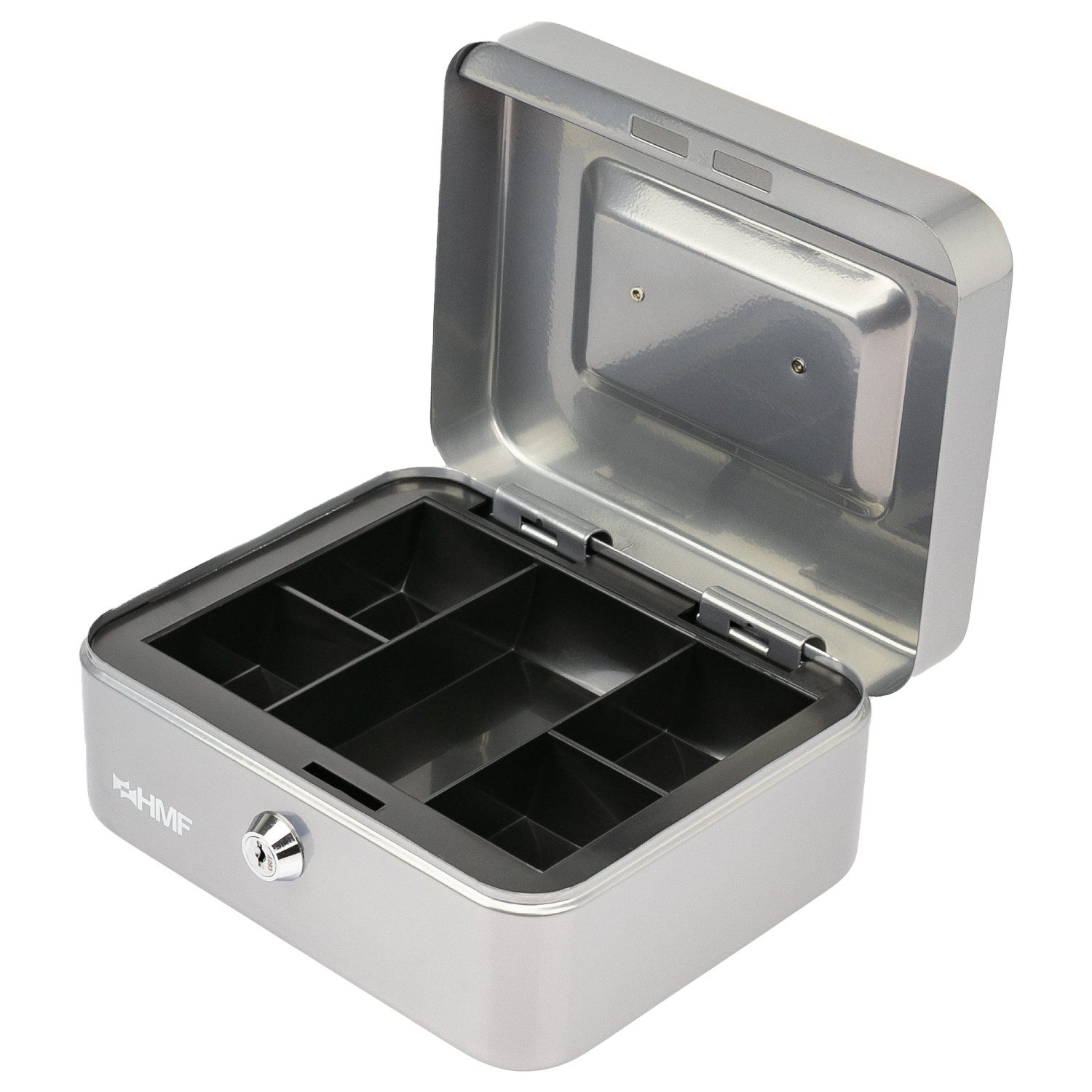 HMF Geldkassette Abschließbare Bargeldkasse mit Münzeinsatz, robuste Geldbox mit Schlüssel, 20 x 16 x 9,5 cm, silber