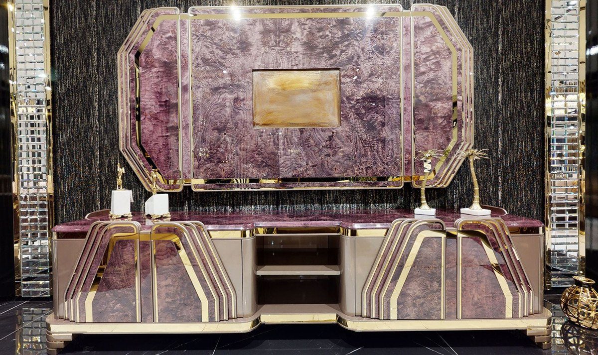 Casa Padrino TV-Schrank Luxus Art Deco TV Schrank Lila / Grau / Gold - Prunkvolles Wohnzimmer Sideboard mit TV Rückwand - Art Deco Wohnzimmer Möbel - Luxus Kollektion