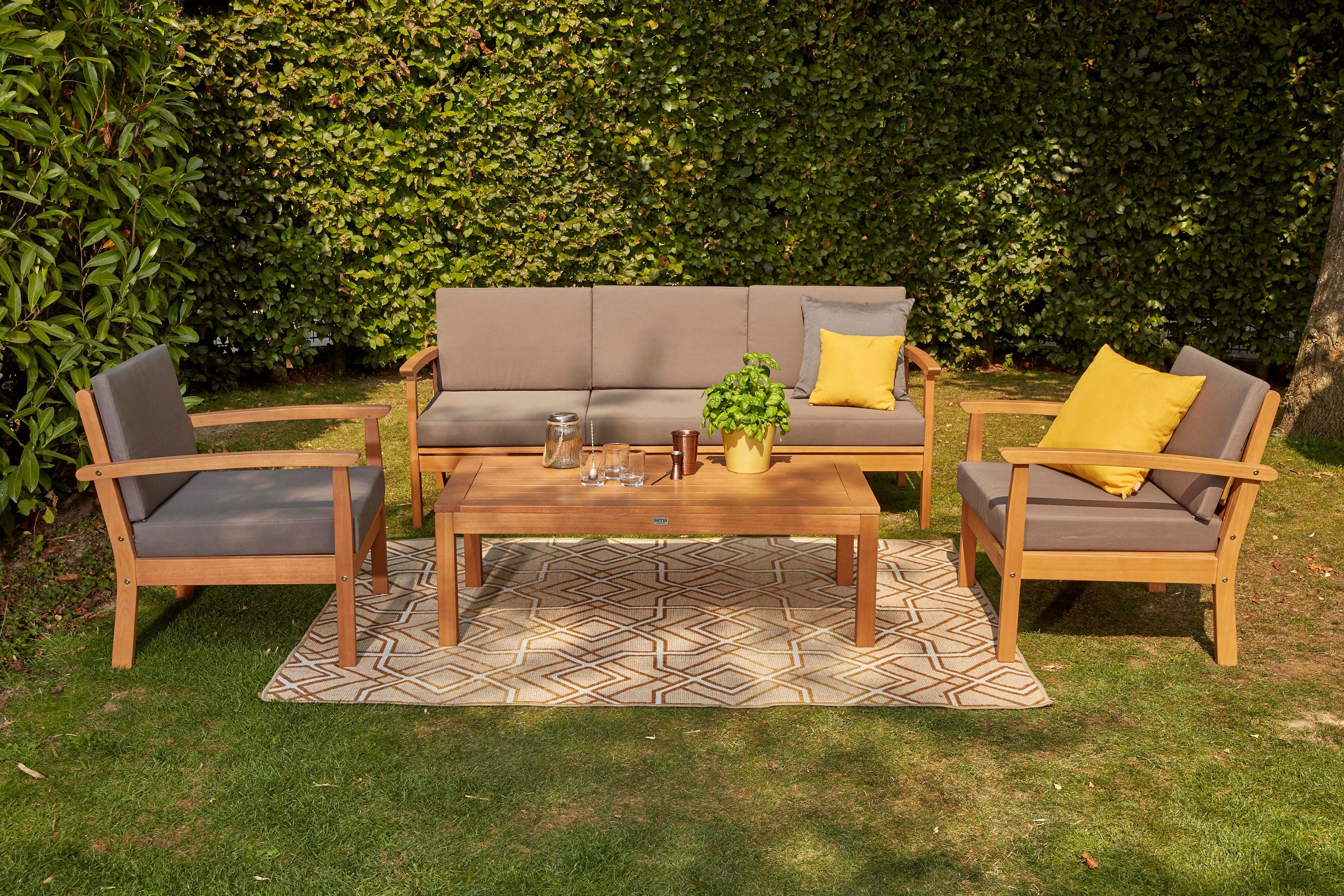 Siena Garden Gartenlounge-Set Tavira, (2x Sessel, 1x 2er-Sofa, 1x Tisch), Eukalyptus FSC 100%, inkl. Kissen
