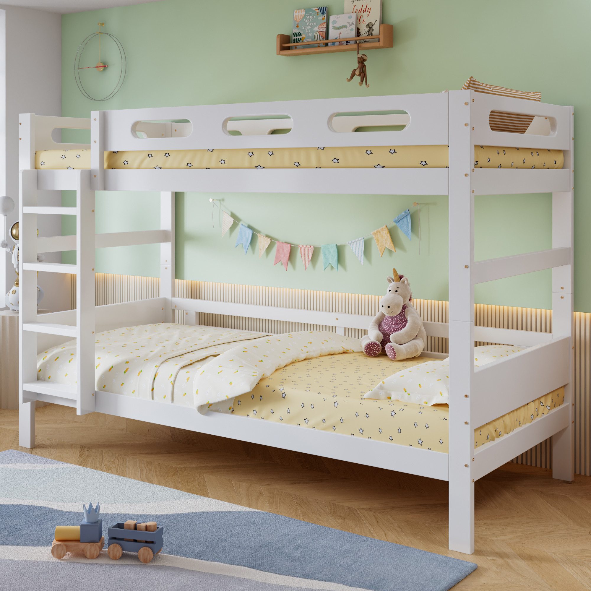 STILVORA Etagenbett 90×200 Kinderbett Jugendbett Holzbett ohne Matratze (Holz Etagenbett Kinderbett mit Leiter und Absturzsicherung, 90x200cm, Kiefer+MDF+Sperrholz, Lattenrost, Weiß, stabil), für Kinderzimmer, kleine Räume, 2 Kinder, platzsparendes Design