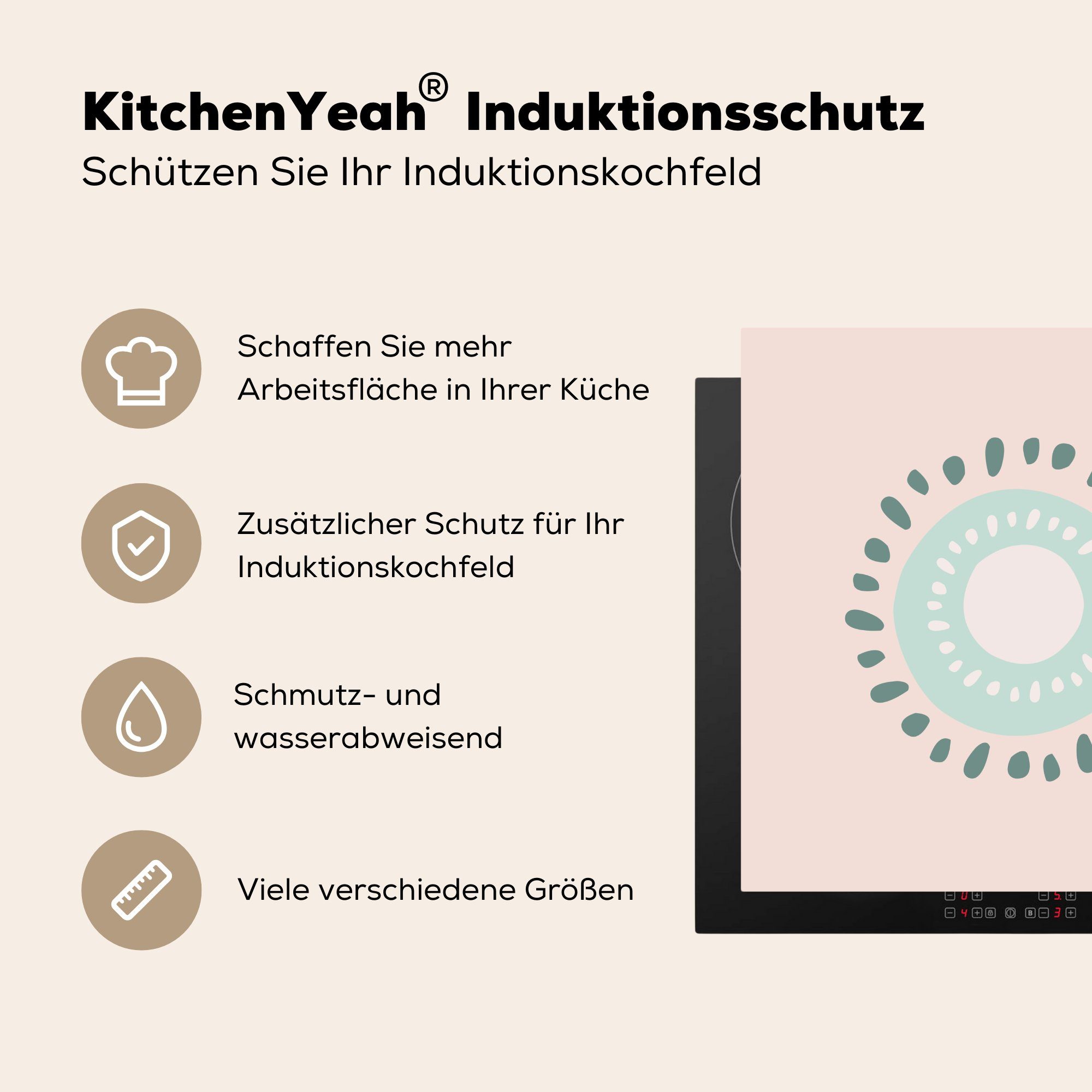 Herdblende-/Abdeckplatte für Arbeitsplatte küche Rosa, Sommer Vinyl, Ceranfeldabdeckung, MuchoWow Kiwi 78x78 - (1 cm, tlg), -