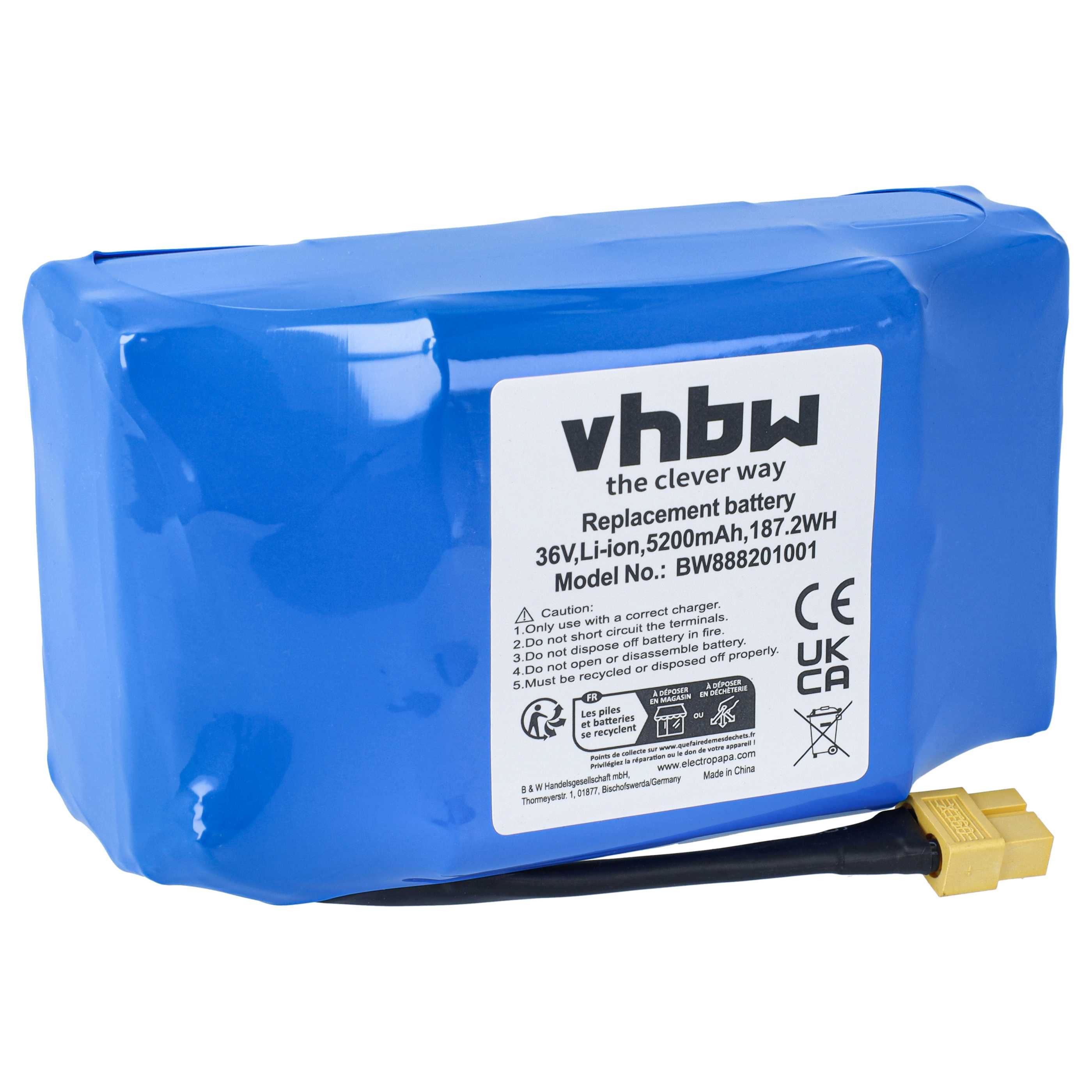 vhbw vhbw Akku kompatibel mit Robway W2, W1, W3 E-Scooter, Hoverboard (5200 Akku Akku Li-Ion 5200 mAh (36 V, 1 St), Leistungsfähiger Austausch-Akku für Hoverboard, Maße (L x l x H):