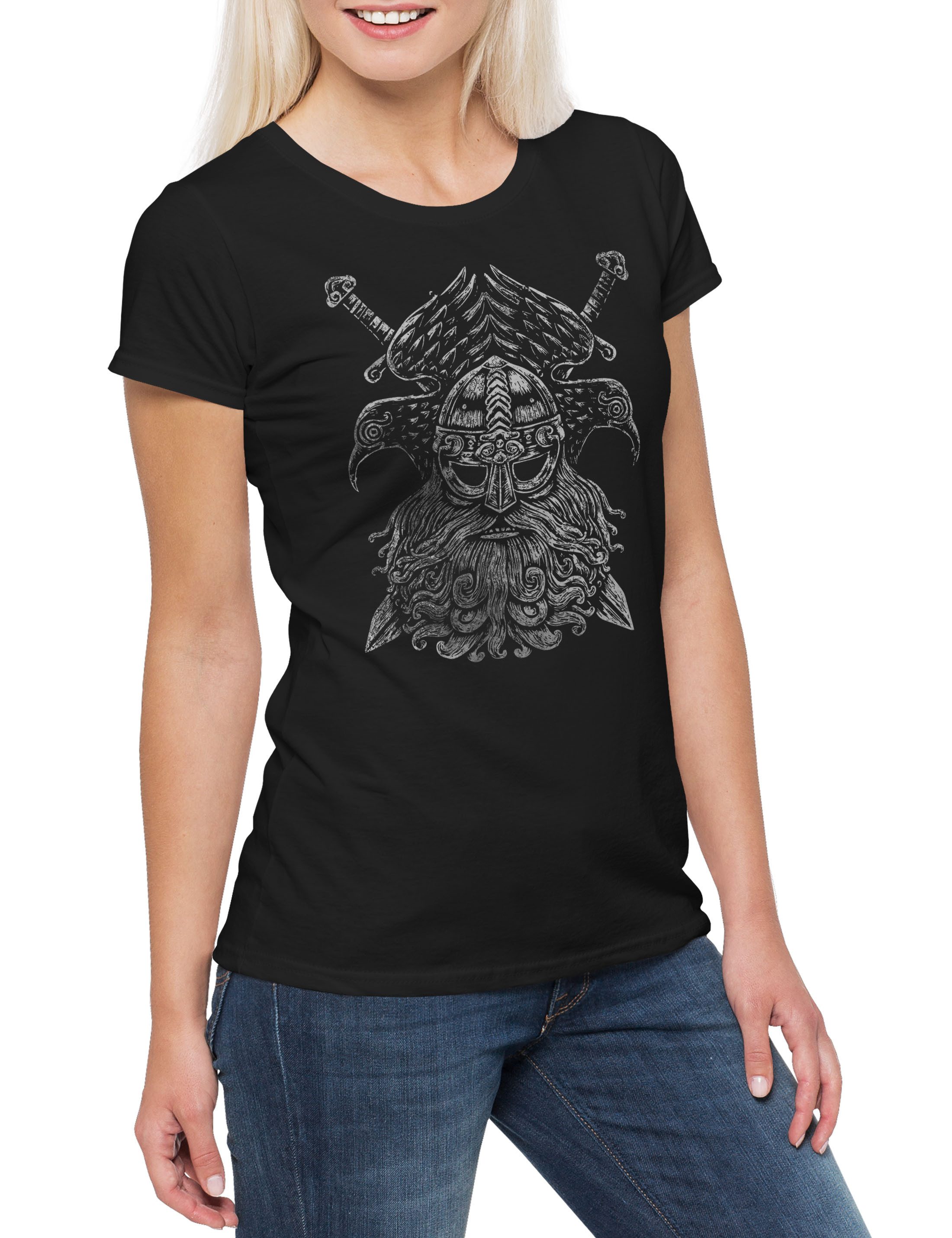 Urban Backwoods Print-Shirt Odhin VI Damen T-Shirt Odhins Wölfe Geri Freki Wolves Paganism (1-tlg) Newpaganism Heidentum Odin Thor