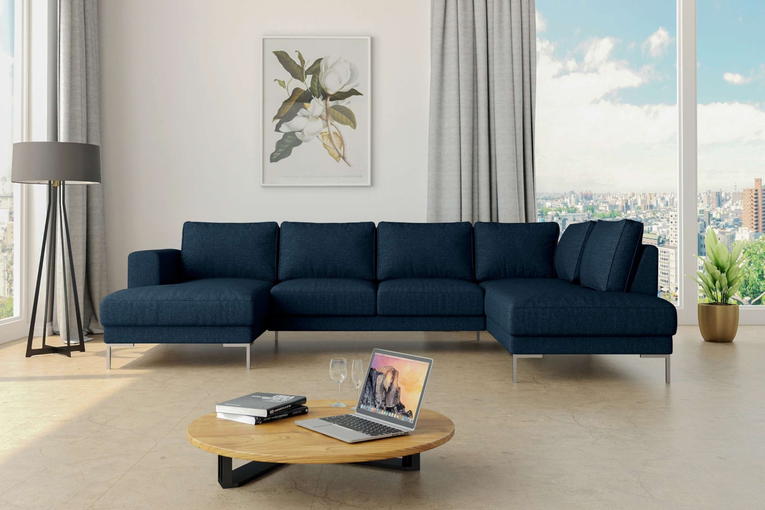 rechts Stylefy bestellbar, Santini, mit links oder frei Wohnlandschaft Sofa, mane Modern U-Form, Metall Wellenfederung, im Raum Design, stellbar, Dunkelblau