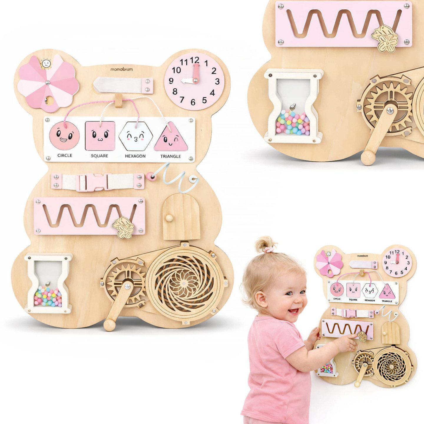 Mamabrum Motorikbrett Mamabrum Montessori Motorikbrett Teddy Rosa aus Holz
