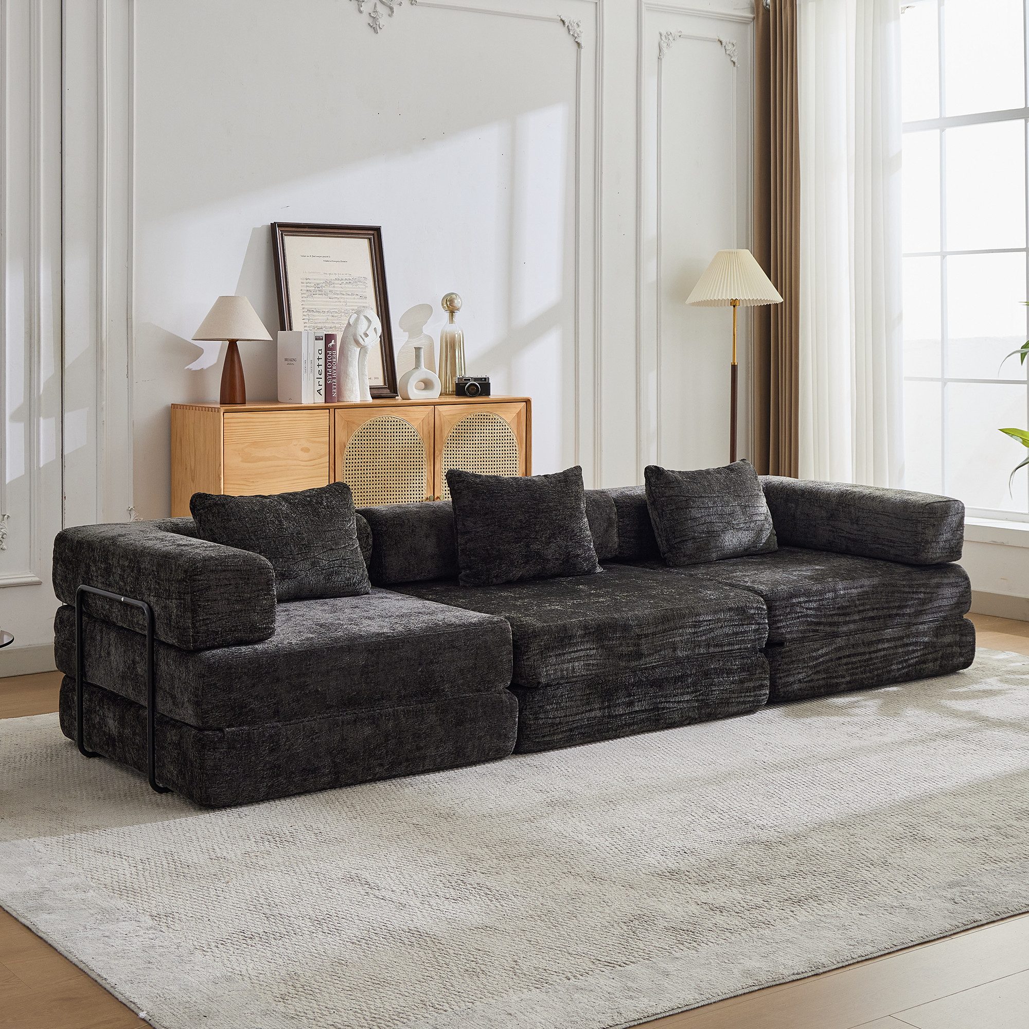 Vankel Sofa Sofas Wohnzimmer, 3-Sitzer Sofa mit Schlaffunktion Chenille, Modulares Schlafsofa, faltbar, komfortabel und ohne Montage