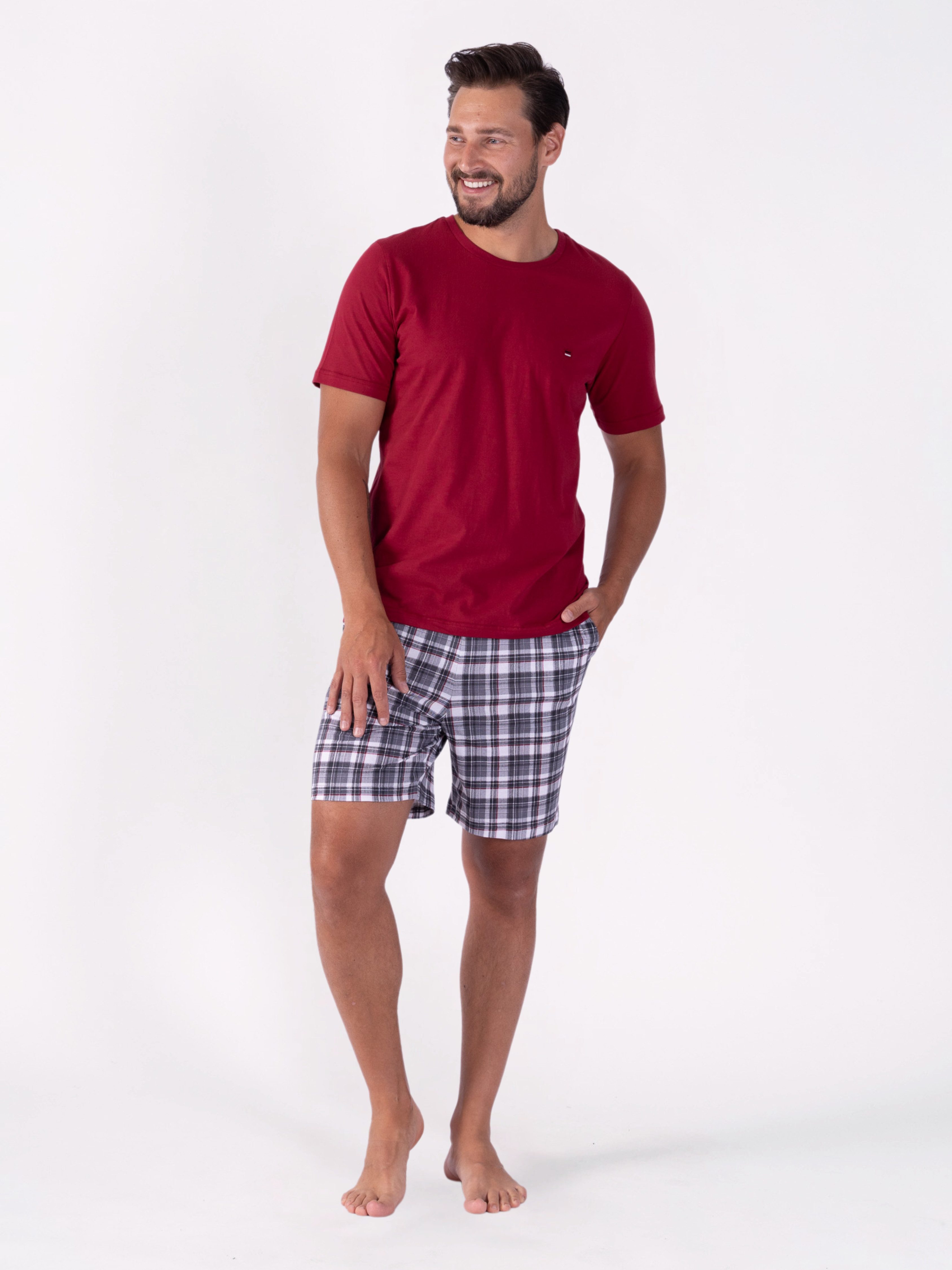HOTBERG Pyjama Schlafanzug kurz mit karierter Hose (2 tlg) Shorts mit seitl günstig online kaufen