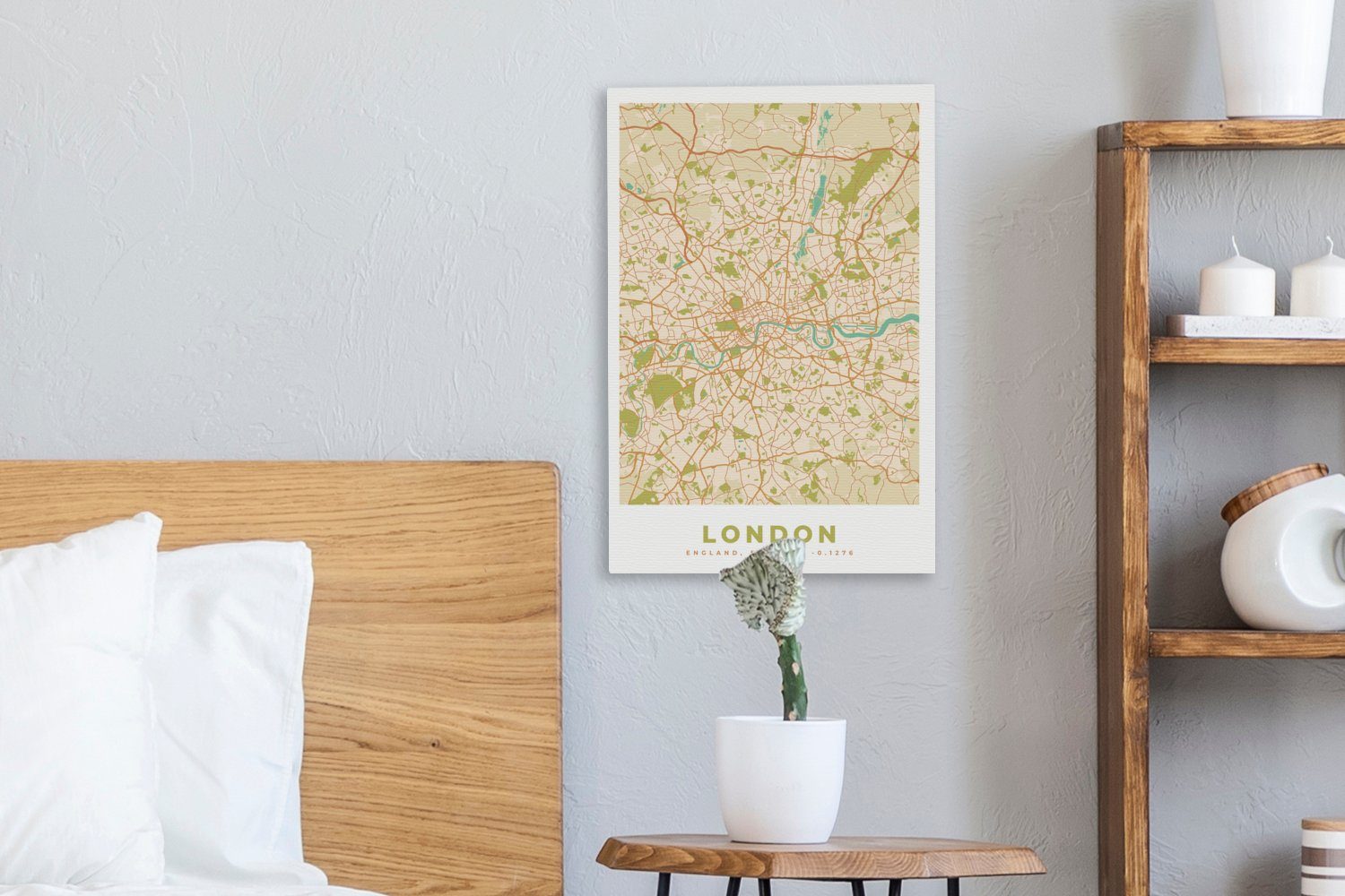 OneMillionCanvasses® Leinwandbild London - fertig Karte, (1 Stadtplan bespannt cm Leinwandbild Vintage - St), Gemälde, 20x30 - inkl. Zackenaufhänger