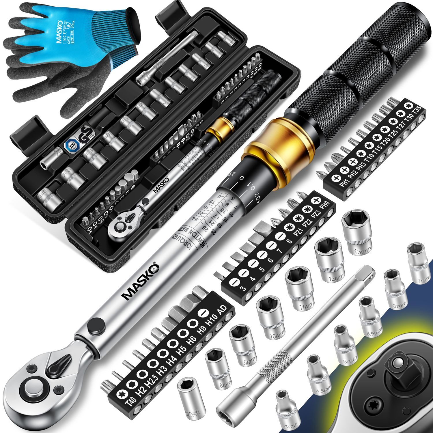 MASKO Гаечные ключи, 45-tlg. Set Auto, Fahrrad & Motorrad 1/4 Zoll 5-25Nm inkl. Handschuhe