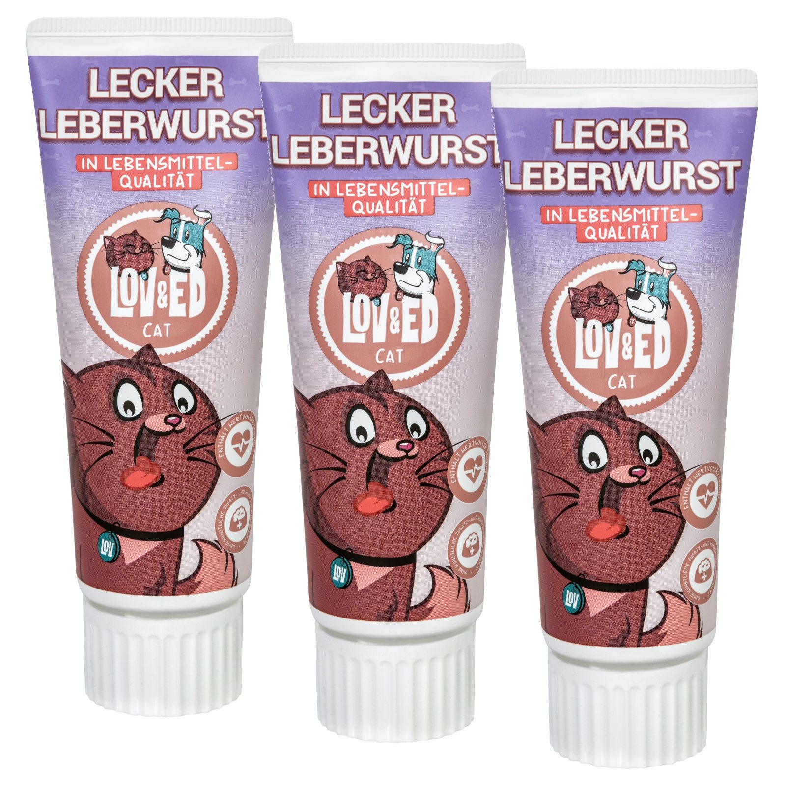 Lov&Ed Lecker Leberwurst für Katzen, 3x 75g, Lebensmittelqualität, Ergänzungsfuttermittel für: Katze