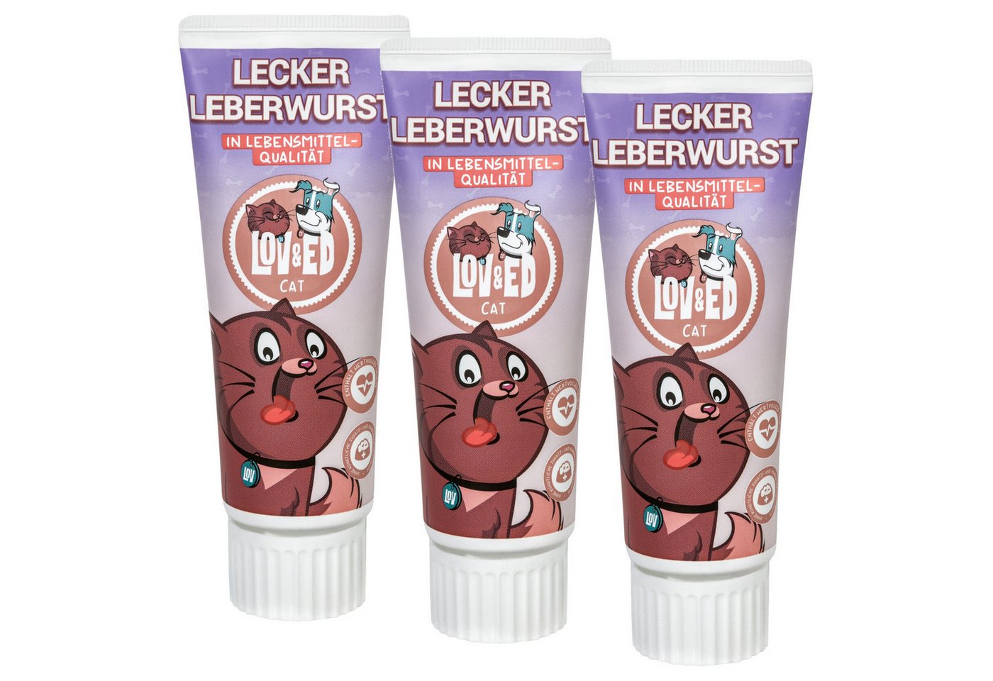 Lov&Ed Lecker Leberwurst für Katzen, 3x 75g, Lebensmittelqualität, Snack für: Katze
