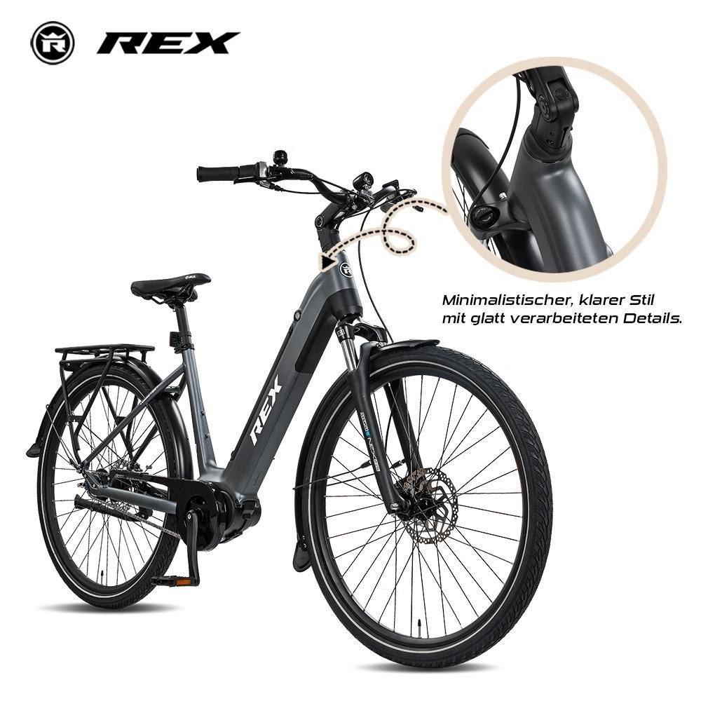 REX E-Bike Rex Commuter+,28 zoll, Cityrad, Pedelec mit 36V 13Ah Akku, 468Wh, SHIMANO, Ananda 250W Mittelmotor, (Bis 120 kg belastbar, mit Scheibenbremse, ca. 120 km Reichweite, für Damen u. Herren), MIK Racking System, Shimano Nexus 7-Gang-Nabenschaltung, Grau matt