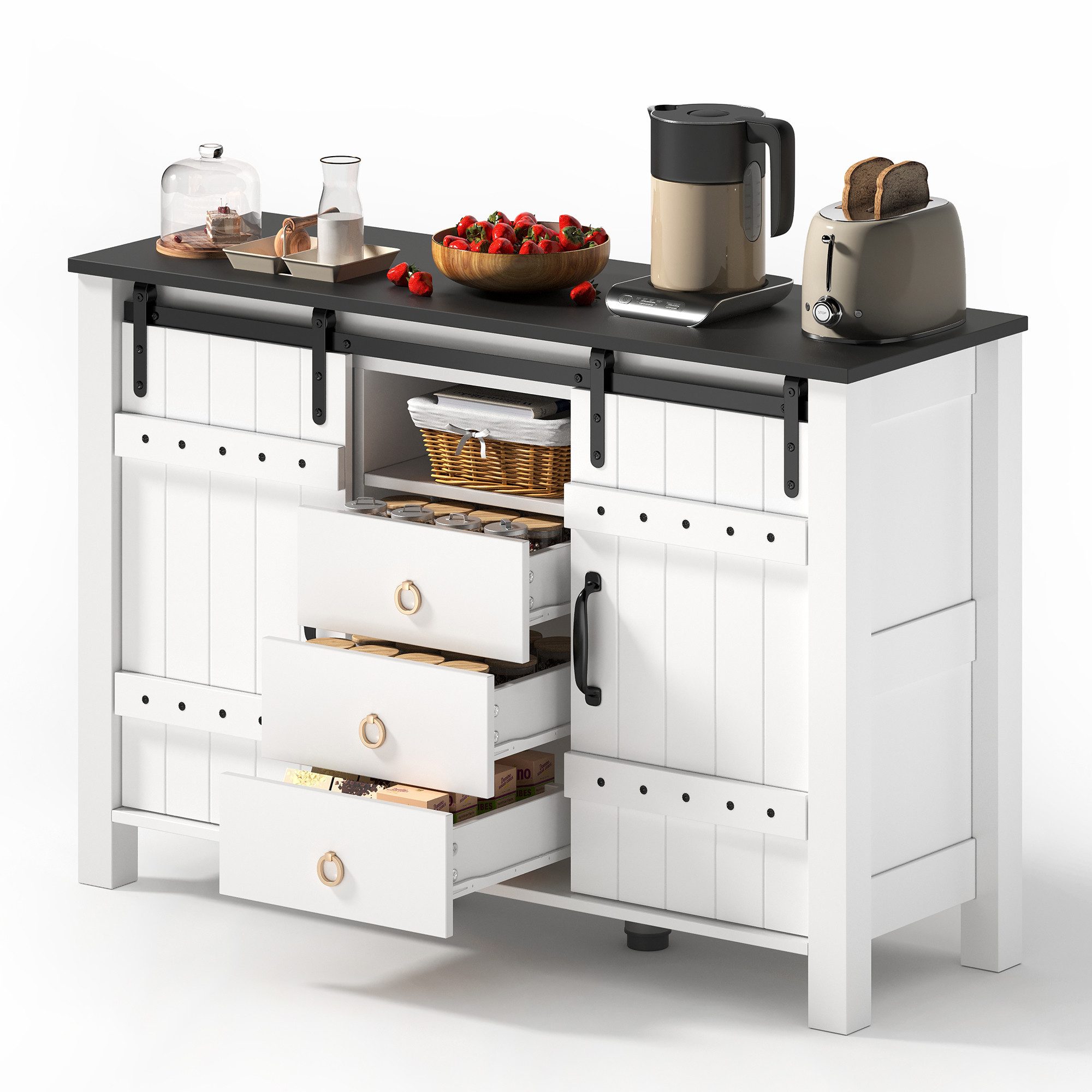 REDOM Sideboard Vintage Küchenbuffet,Kommode (mit Schiebetüren & 3 Schubladen – 120 cm, Weiß, Stabil mit Kippschutz, Robustes MDF, Viel Stauraum), mit Schiebetüren und 3 Schubladen