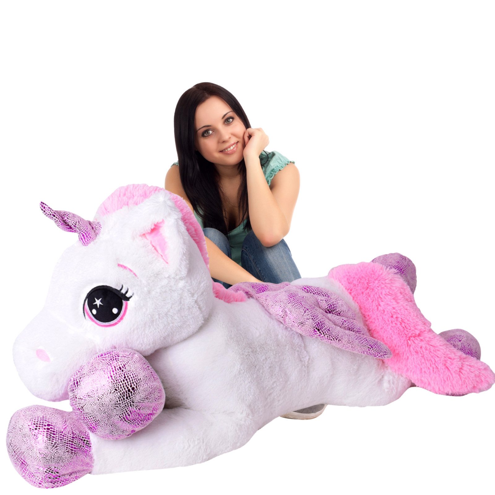 TE-Trend Kuscheltier Einhorn 130 cm XXL Plüscheinhorn Plüschtier Unicorn weiß, mit lila Glitzerelementen