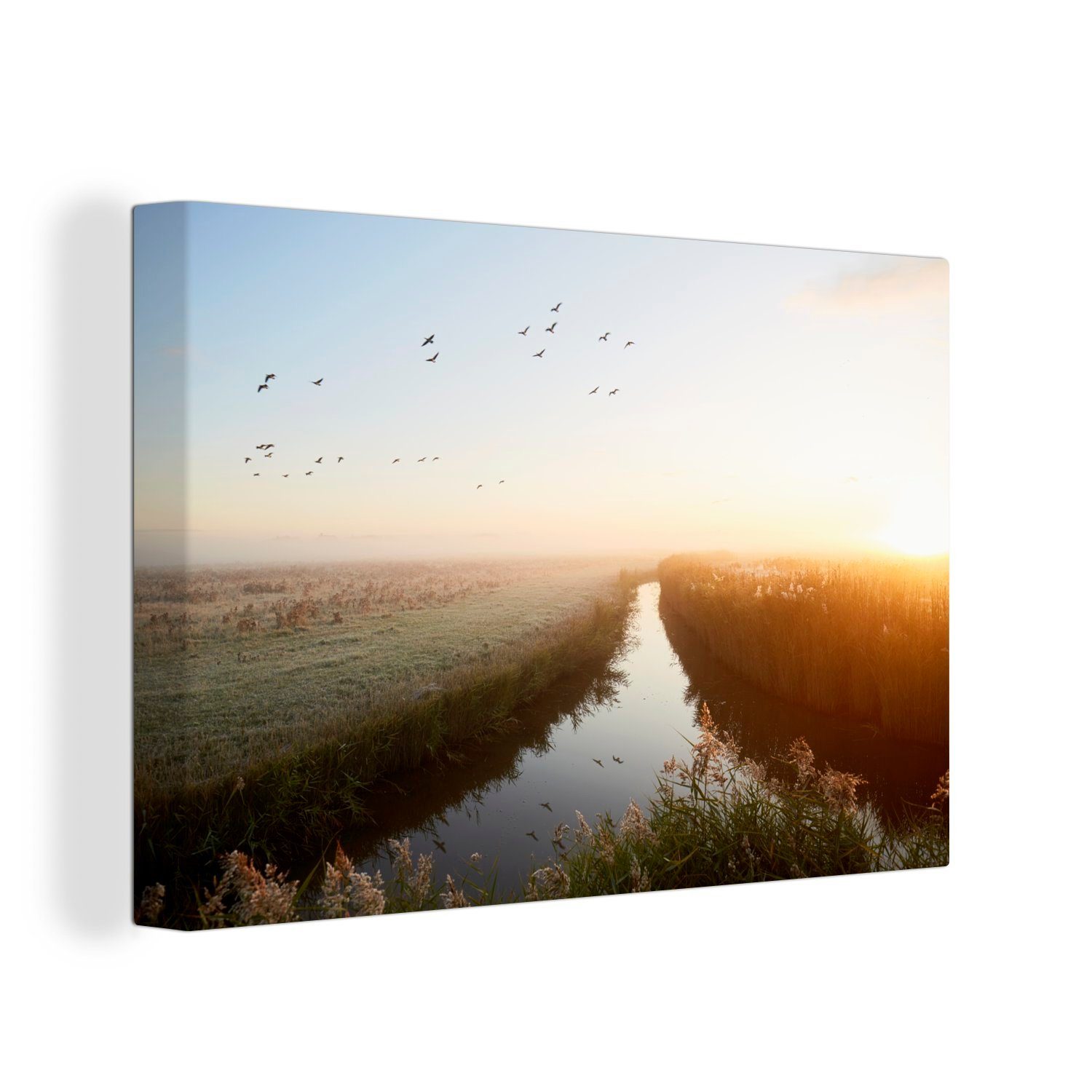 OneMillionCanvasses® Leinwandbild Gänse fliegen in der Morgendämmerung, (1 St), Wandbild Leinwandbilder, Aufhängefertig, Wanddeko, 30x20 cm