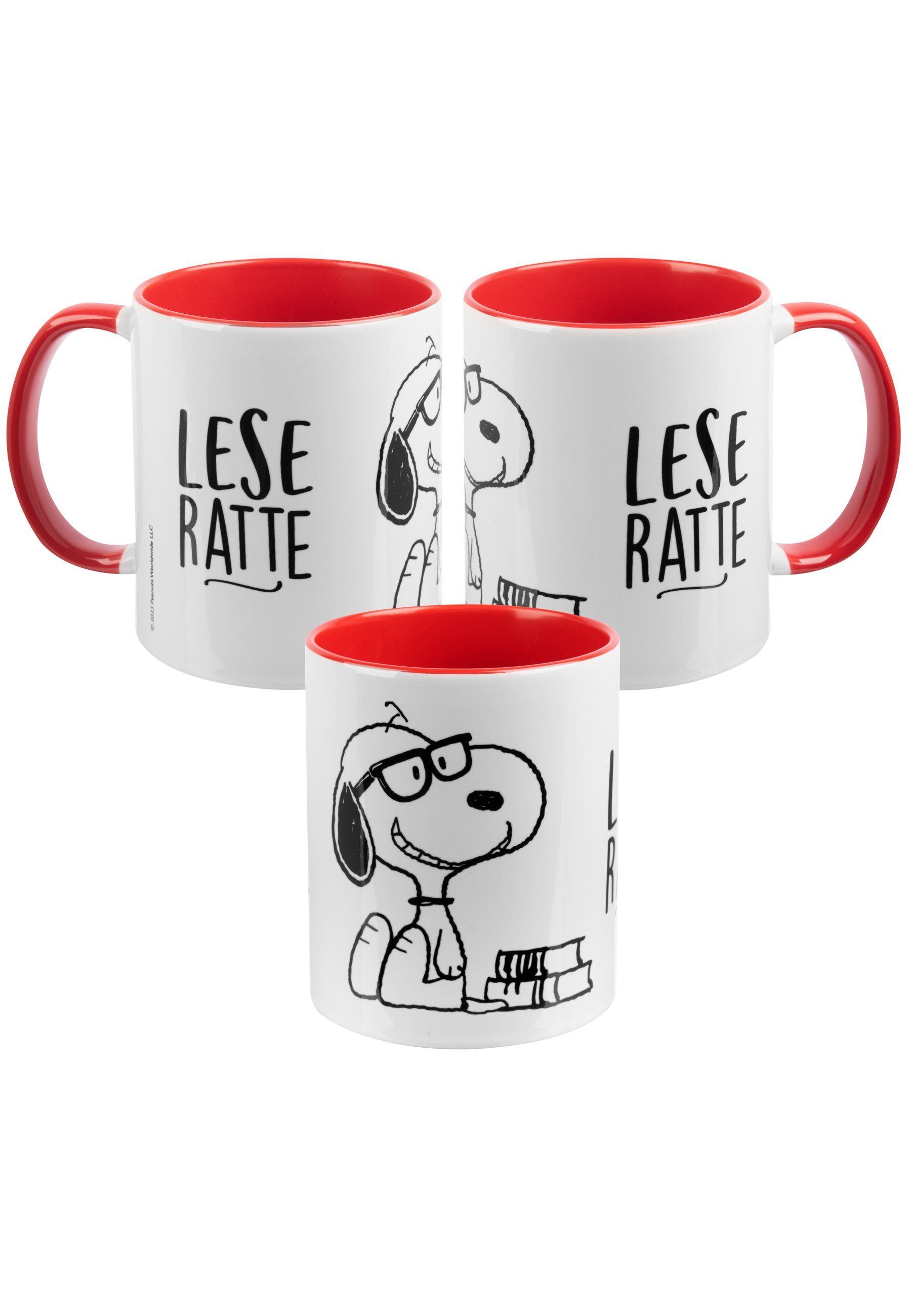 United Labels® Tasse The Peanuts Tasse Snoopy - Leseratte Kaffeetasse Rot Weiß 320 ml, Keramik